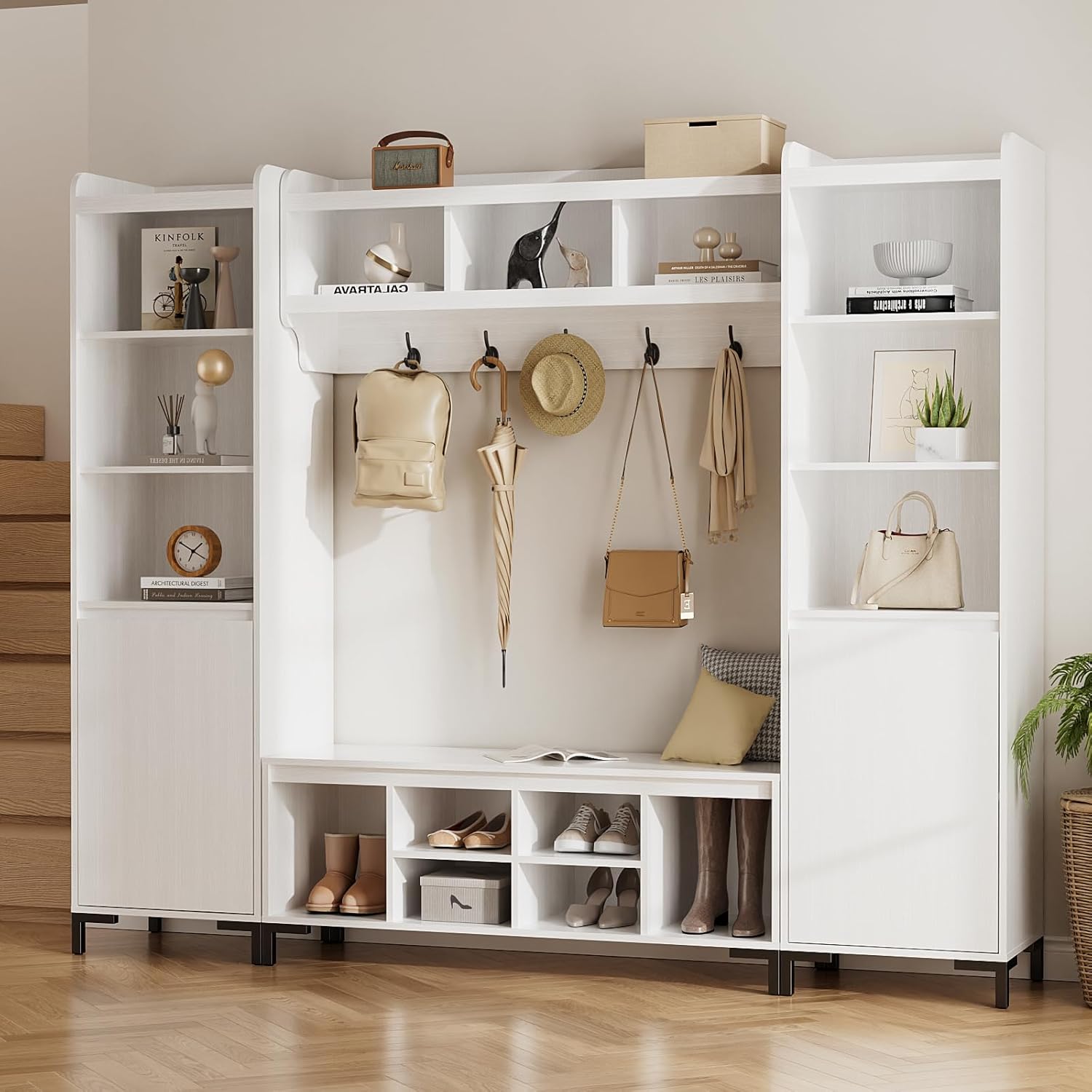 VOWNER Coat Rack Set, Shoe Bench Set with 9 Open Storage Cubbies, 4 Storage Cubbies with Doors, 6 Shoe Cubbies & 5 Coat Hooks, Hall Tree Entryway Bench, White