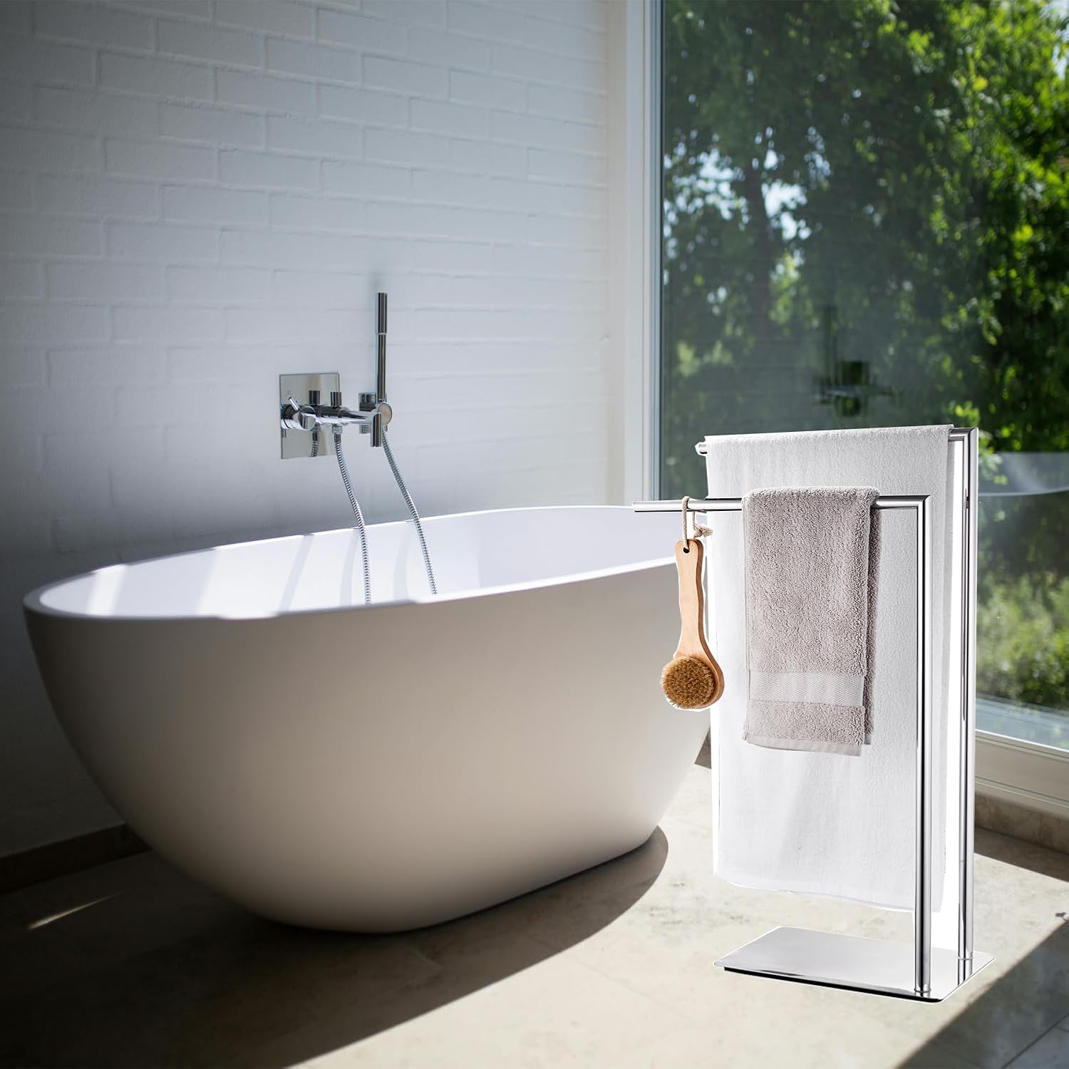 Freestanding Towel Rack for Bathroom Bath Towel Holder Standing on Floor Double Towel Bar Brass Chrome