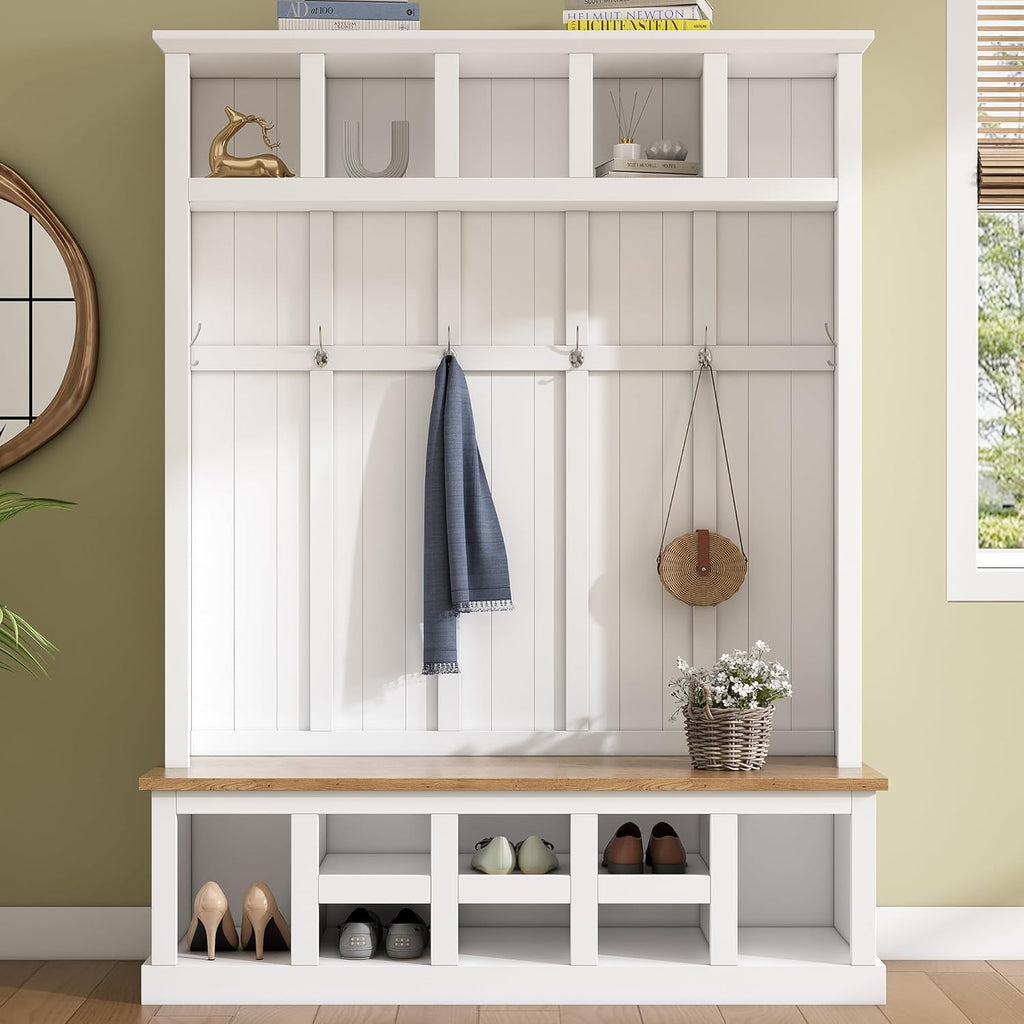 Merax Farmhouse Wood Hall Tree with Bench and Shoe Storage, 5-in-1 Coat Rack with 6 Hooks for Entrance, Hallway White