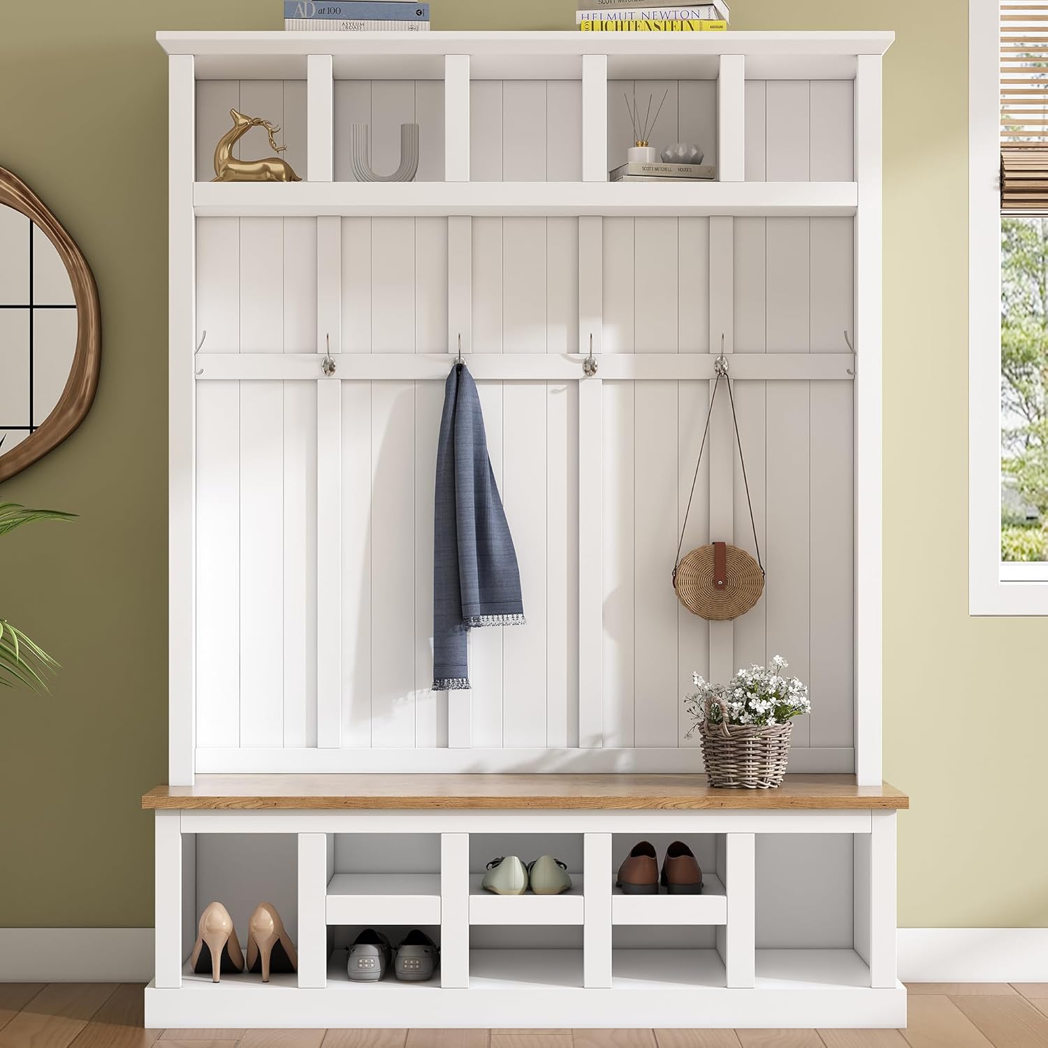 Merax Farmhouse Wood Hall Tree with Bench and Shoe Storage, 5-in-1 Coat Rack with 6 Hooks for Entrance, Hallway White