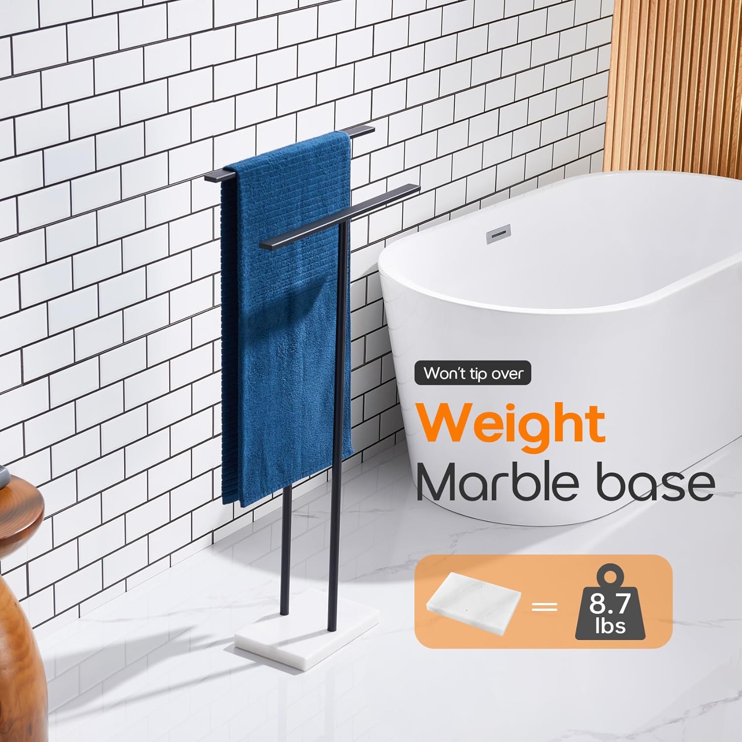 Free Standing Towel Racks Matte Black 2-Tier Towel Holder for Bathroom Floor Stand with Heavy Marble Base Thicken Steady Design Stainless Steel AN7001MB