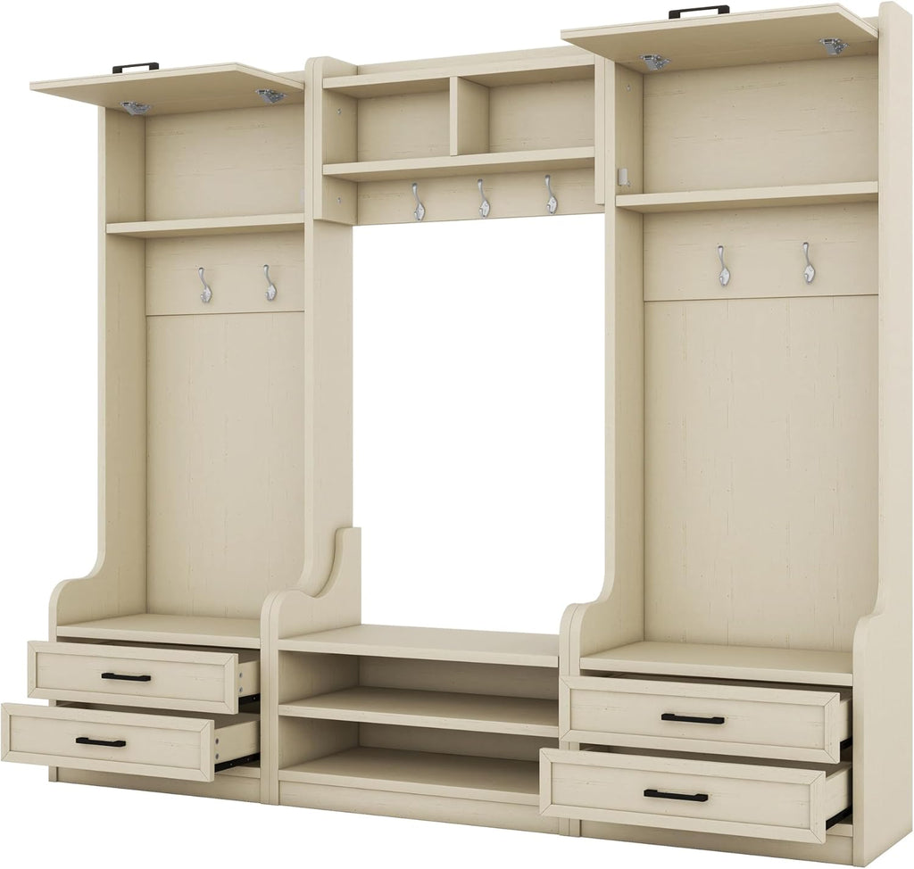 Wide Hall Tree with Storage Bench, Wood Coat Rack with Cabinet and 7 Hooks, Mudroom Organizer with Shoes Storage Cubbies for Entryway Hallway, Beige