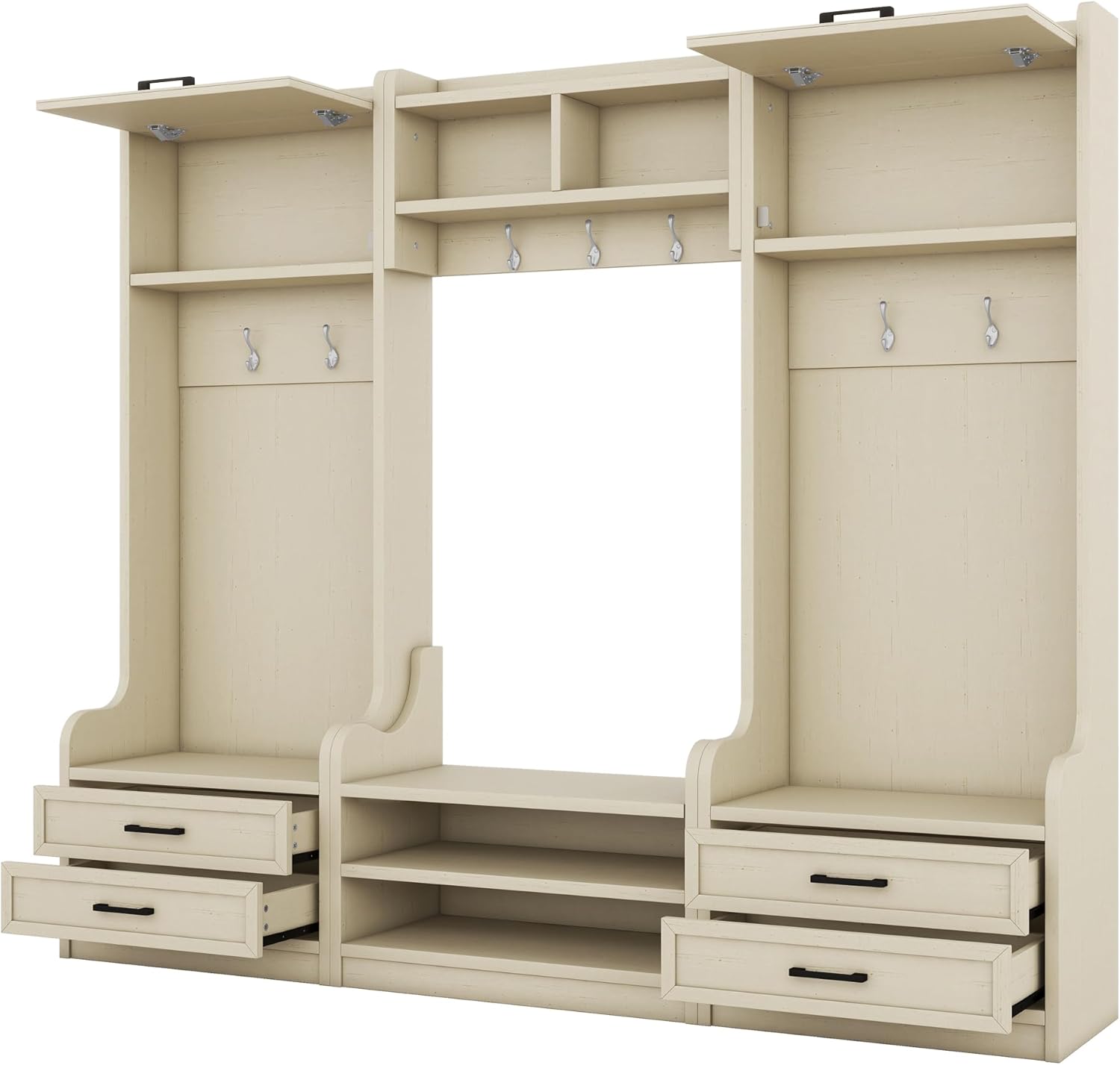 Wide Hall Tree with Storage Bench, Wood Coat Rack with Cabinet and 7 Hooks, Mudroom Organizer with Shoes Storage Cubbies for Entryway Hallway, Beige