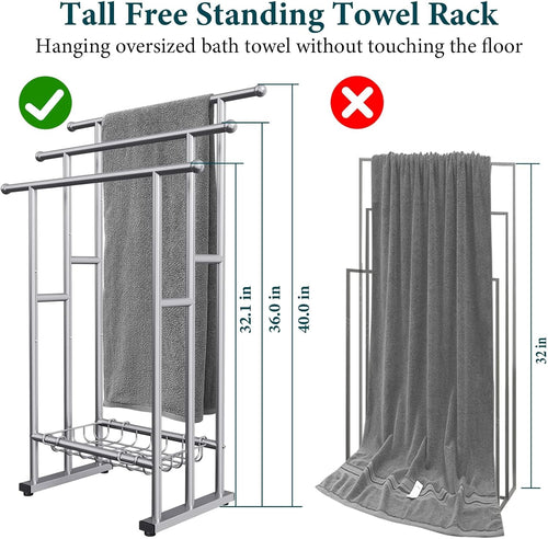40" Tall Freestanding Towel Racks for Bathroom, 3 Tier Floor Towel Rack with Storage Basket, Blanket Ladder Drying and Display Rack for Large Bath & Hand Towel Outdoor Poolside (Silver)