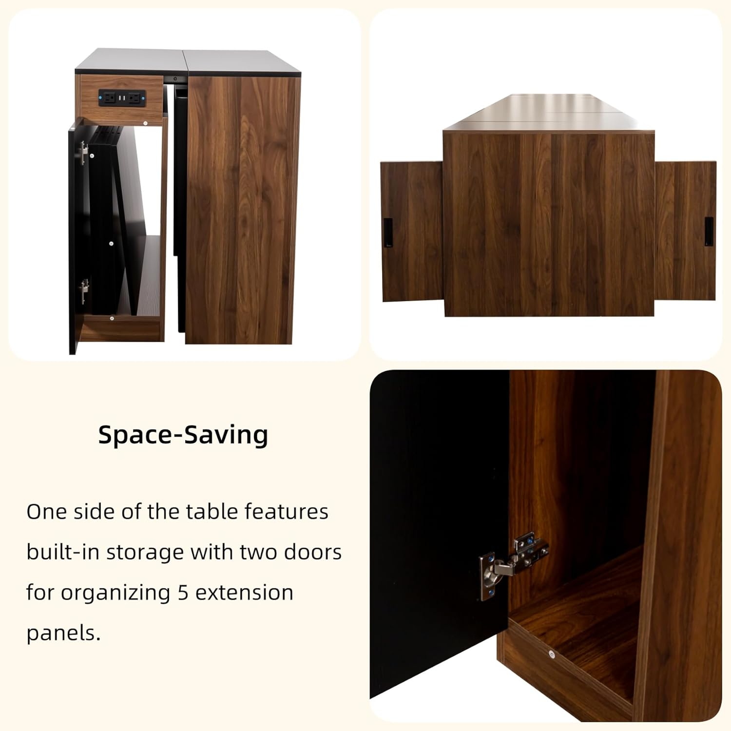 KEIKI 23.62”-118”L Extendable Foldable Dining Room Table with Storage Cabinet & Outlet, 1-10 People Wood Modern Rectangle Expandable Furniture for Kitchen Living Meeting Room, 6 Length Options