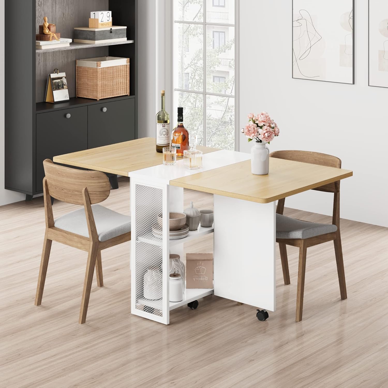 GarveeHome Folding Dining Table, Space Saving Farmhouse Dining Table for 4 Storage Shelf, 6 Wheels Multipose Expandable Kitchen Drop Leaf Table for Small Space (Pear Wood, 50.1"D x 31.4"W x 29.5"H)