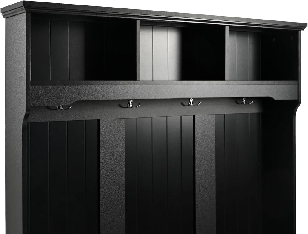 Merax Wood Hall Tree with Shoe Storage Bench for Entryway, 5-in-1 Coat Rack with 4 Hooks and Shelves for Entrance, Hallway Black