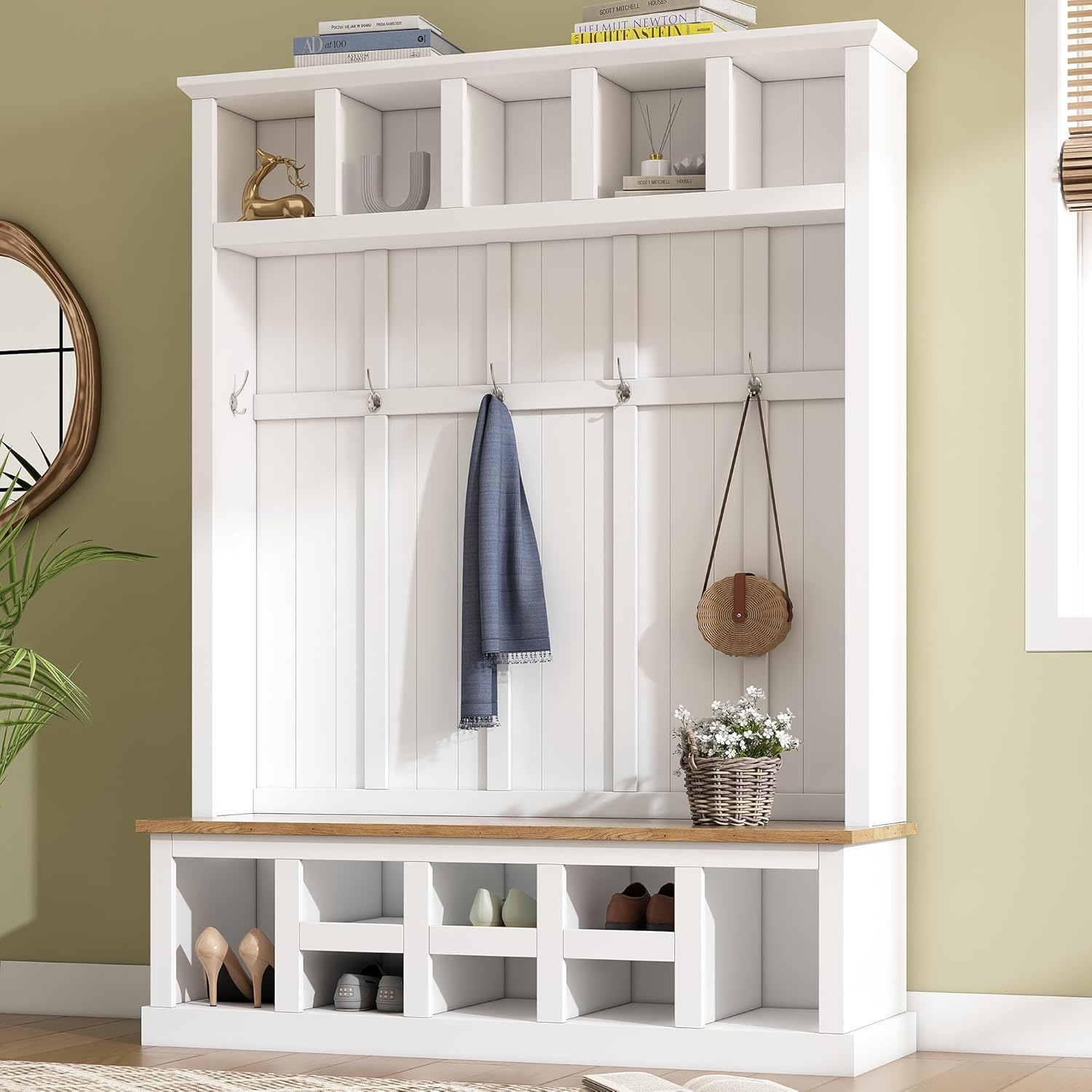 Merax Farmhouse Wood Hall Tree with Bench and Shoe Storage, 5-in-1 Coat Rack with 6 Hooks for Entrance, Hallway White