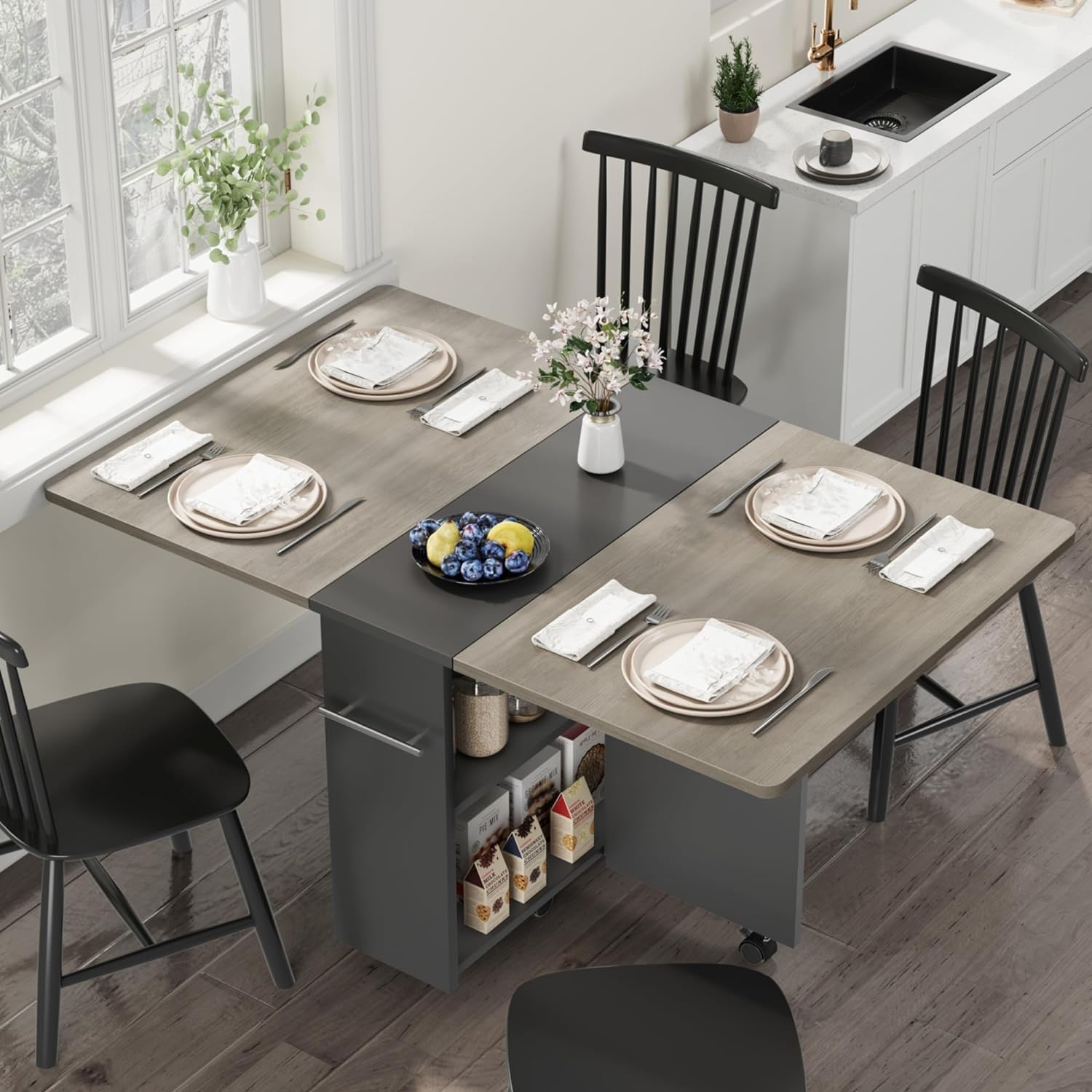 GarveeHome Folding Dining Table, Space Saving Farmhouse Dining Table for 4 Storage Shelf, 6 Wheels Multipose Expandable Kitchen Drop Leaf Table for Small Space (Pear Wood, 50.1"D x 31.4"W x 29.5"H)