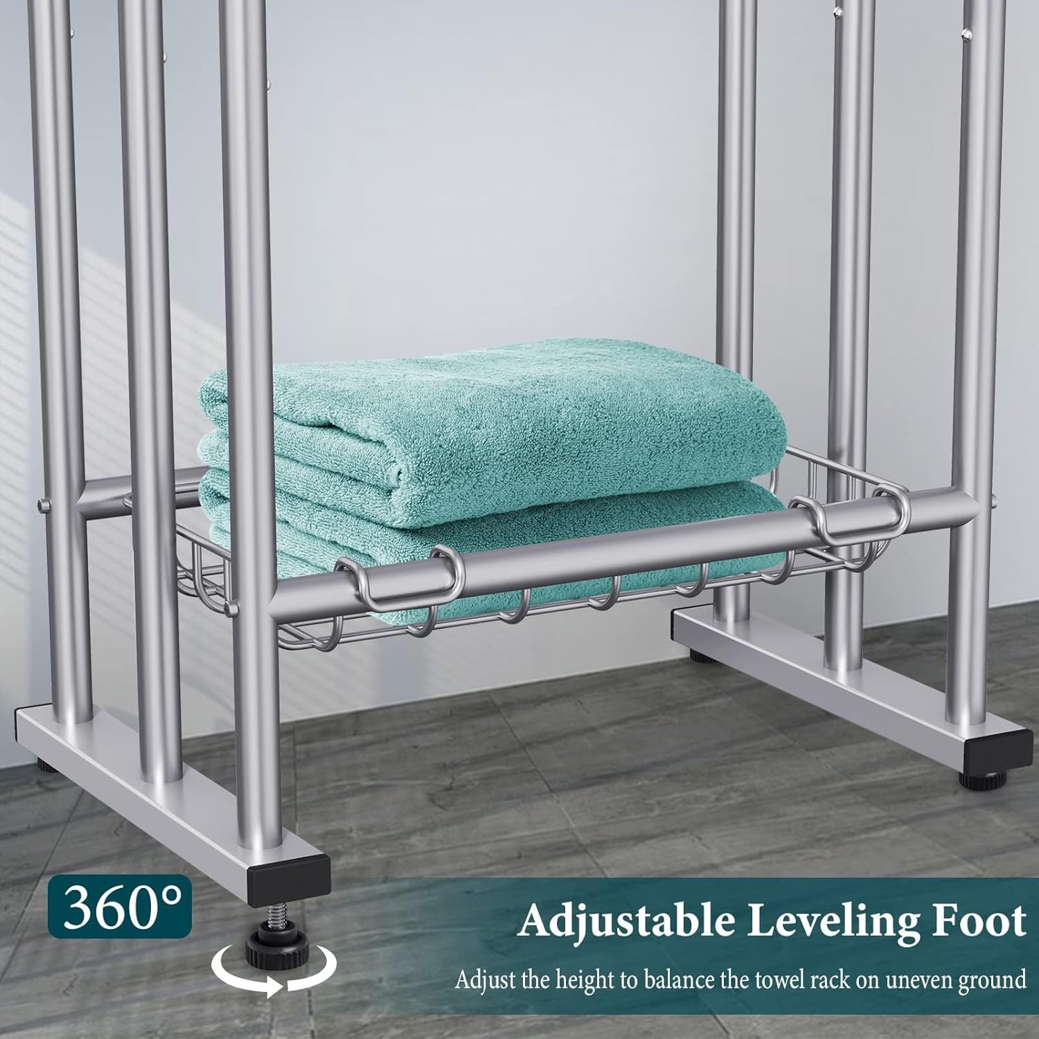 40" Tall Freestanding Towel Racks for Bathroom, 3 Tier Floor Towel Rack with Storage Basket, Blanket Ladder Drying and Display Rack for Large Bath & Hand Towel Outdoor Poolside (Silver)