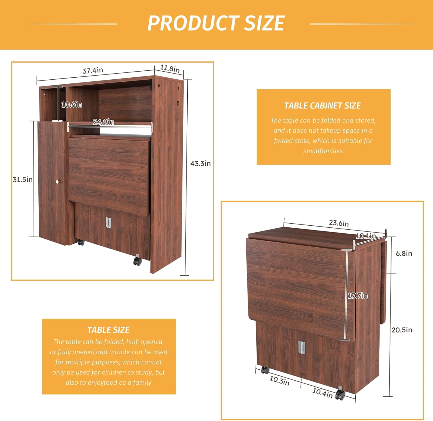 Folding Dining Table with Wall Mounted Sideboard, Expandable Dining Table with Wheels, Entryway Table with Charging Station, Kitchen Table for Small Spaces (Walnut)