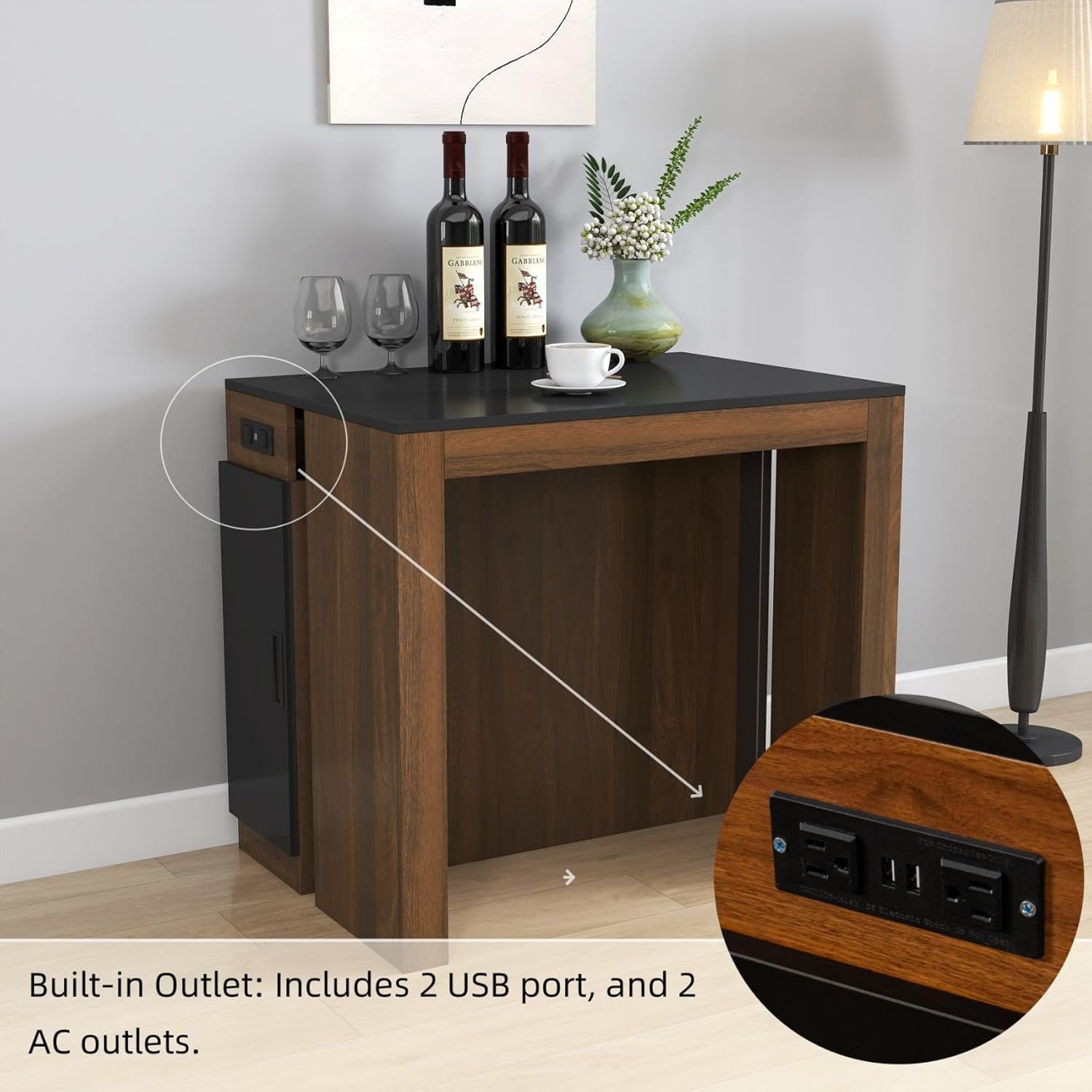 KEIKI 23.62”-118”L Extendable Foldable Dining Room Table with Storage Cabinet & Outlet, 1-10 People Wood Modern Rectangle Expandable Furniture for Kitchen Living Meeting Room, 6 Length Options