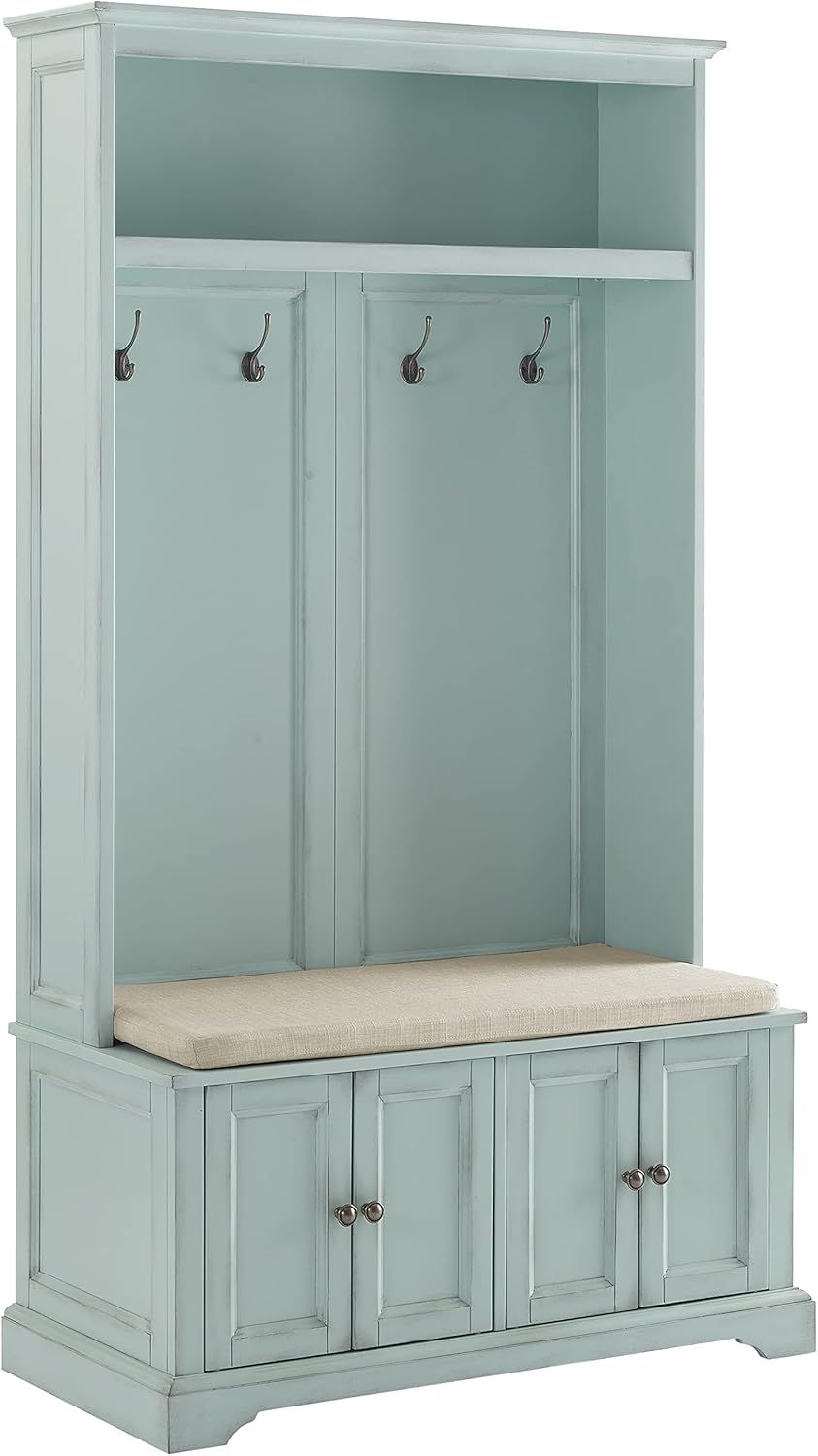 Crosley Furniture Holbrook Hall Tree with Shoe Rack Bench and Coat Hooks for Hanging Storage, Distressed White