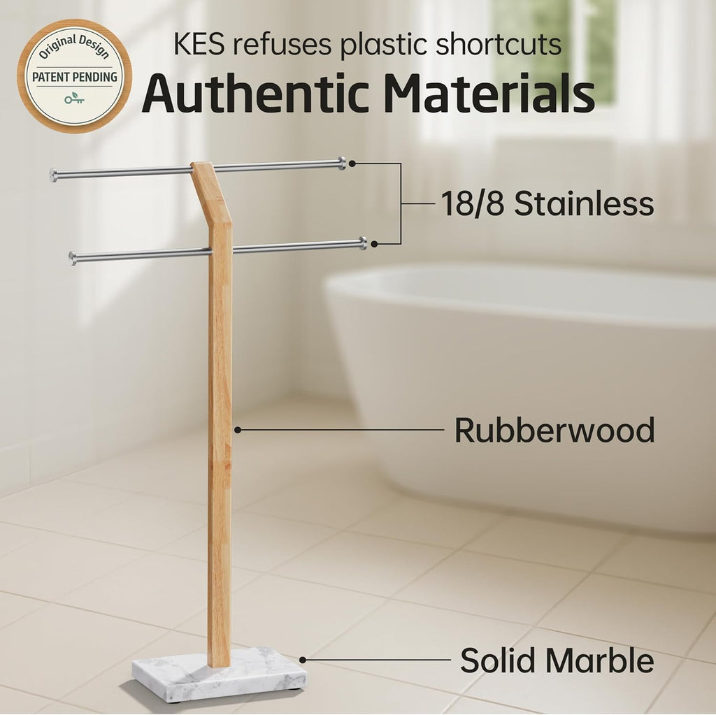 Width Adjustable Free Standing Towel Rack with 3X Thicker Weighted Natural Marble Base, KES 2-Tier Wooden Towel Rack Stand for Bathroom Floor, 18/8 Stainless Steel, Brushed Finish, BTH800-2