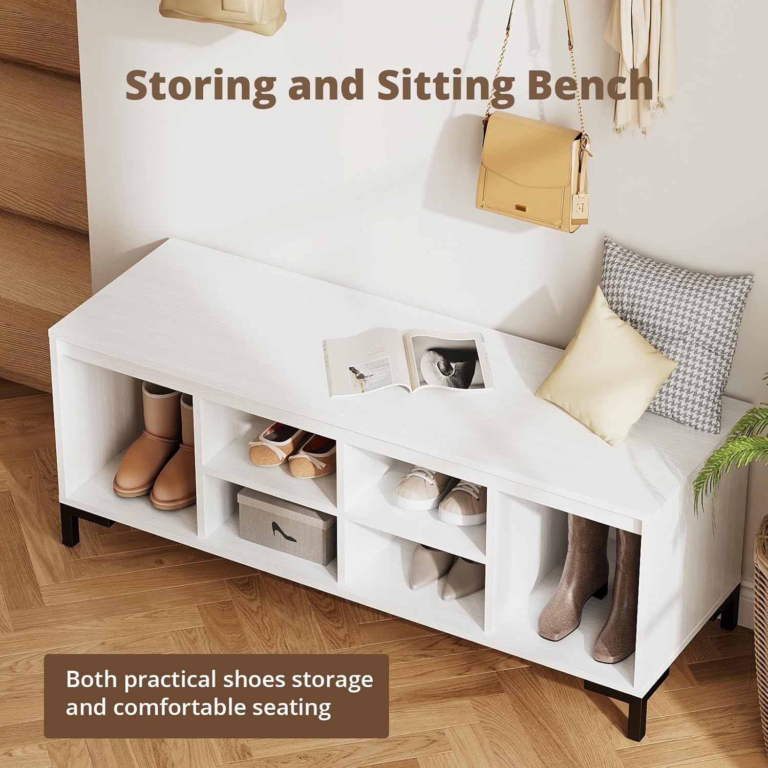 VOWNER Coat Rack Set, Shoe Bench Set with 9 Open Storage Cubbies, 4 Storage Cubbies with Doors, 6 Shoe Cubbies & 5 Coat Hooks, Hall Tree Entryway Bench, White
