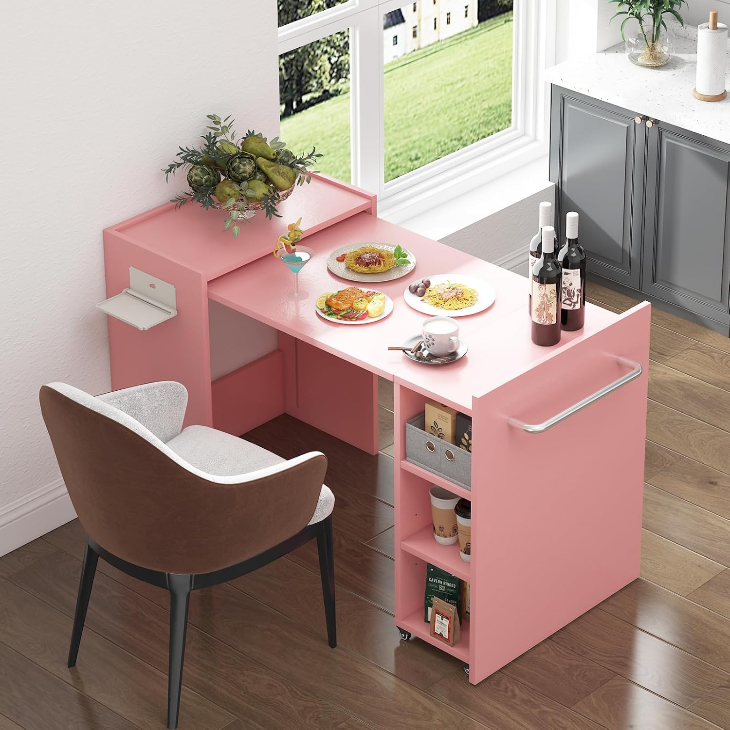 smilesun Folding Dining Table, Wall Mount Foldable Kitchen Table w/Fabric Drawer & Adjustable Storage Shelf, Space Saving Compact Expandable Pull Out Table for Small Spaces, White