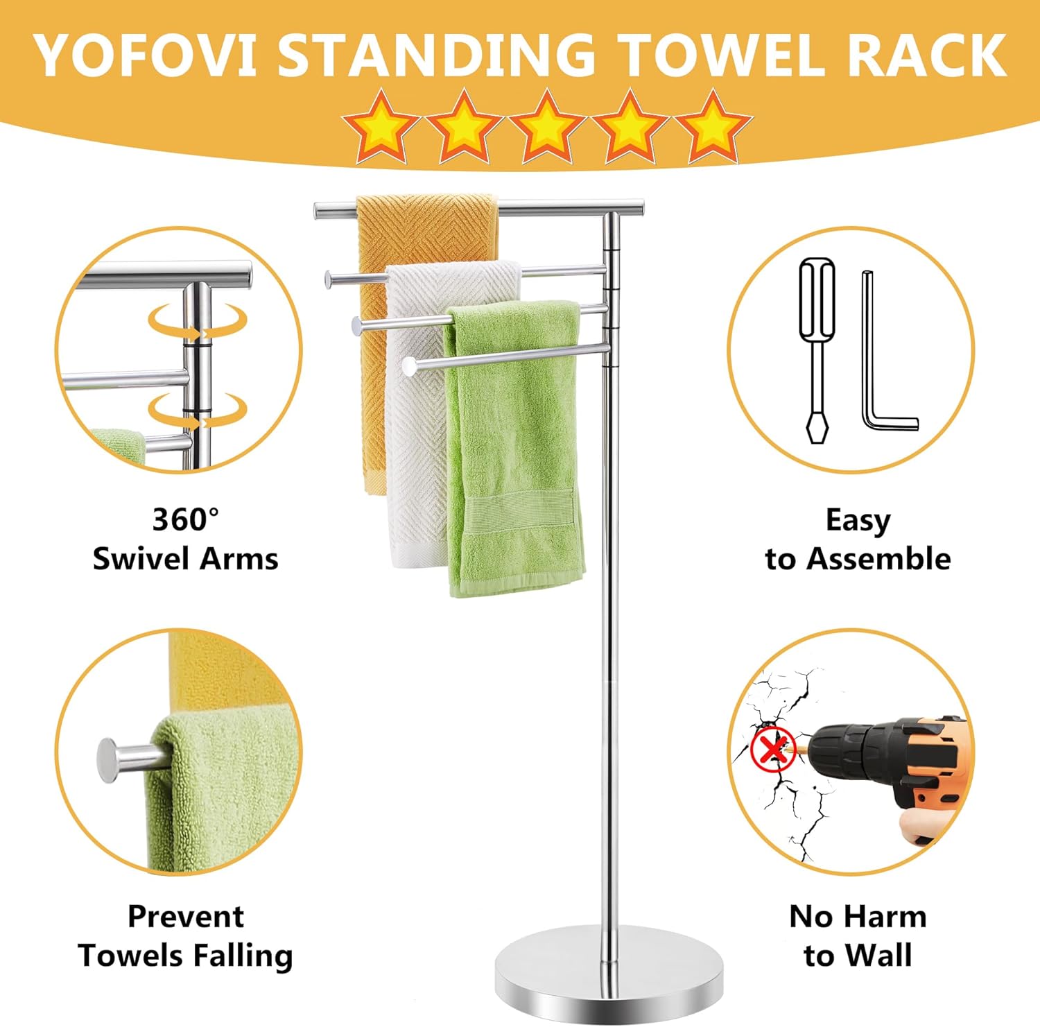Freestanding Towel Rack, 40 Inch Tall Standing Towel Racks for Bathroom with Weighted Base, Modern Floor Towel Drying Holder Stand with 4 Swivel Arms, Stainless Steel, Chrome, YOFOVI