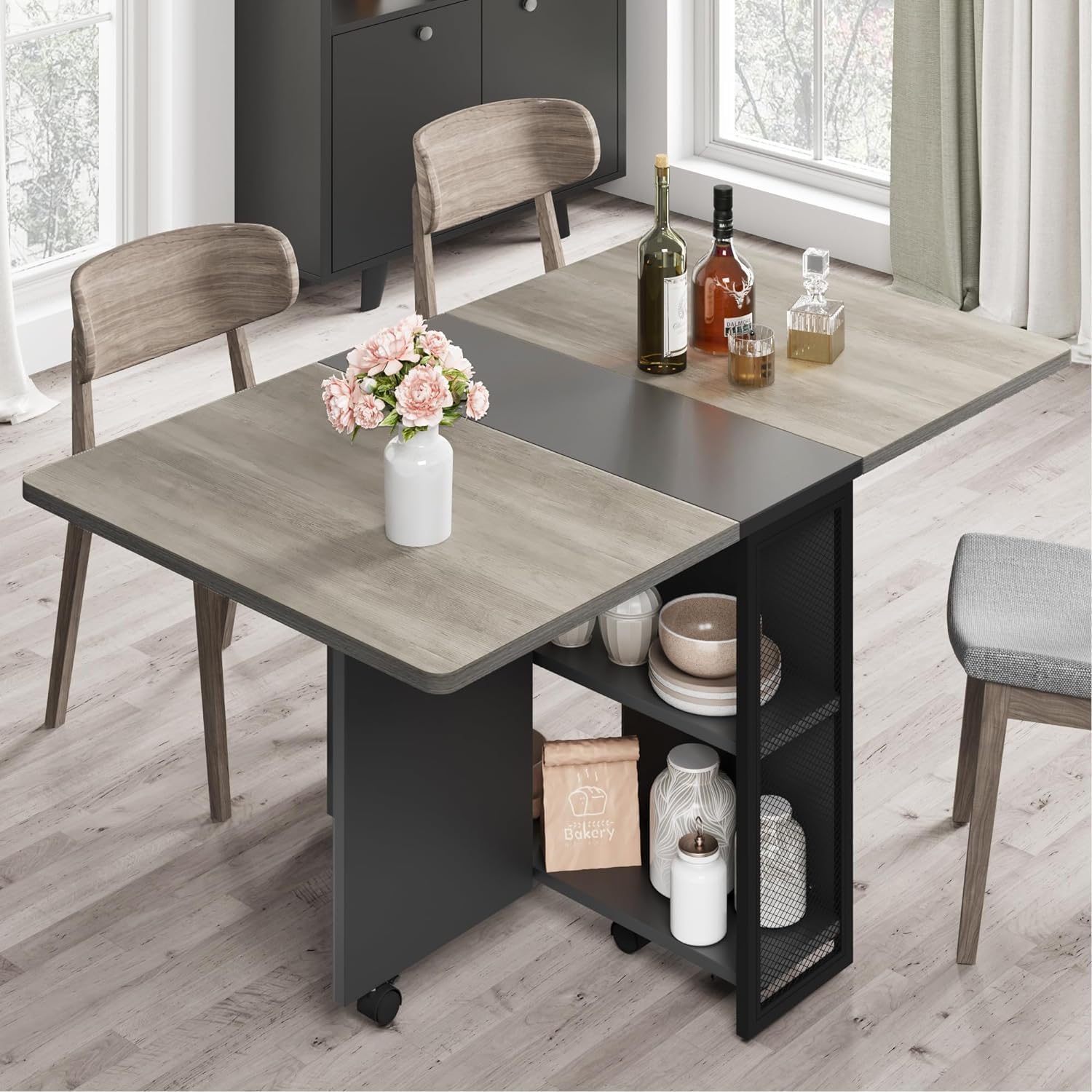 Space Saving Folding Dining Table with 2 Tier Storage-Extendable Drop Leaf Farmhouse Kitchen Dining Room Tables Set for 4, Collapsible Expandable Rectangle (Carlo Grey, 47.2"D x 23.6"W x 29.5"H)