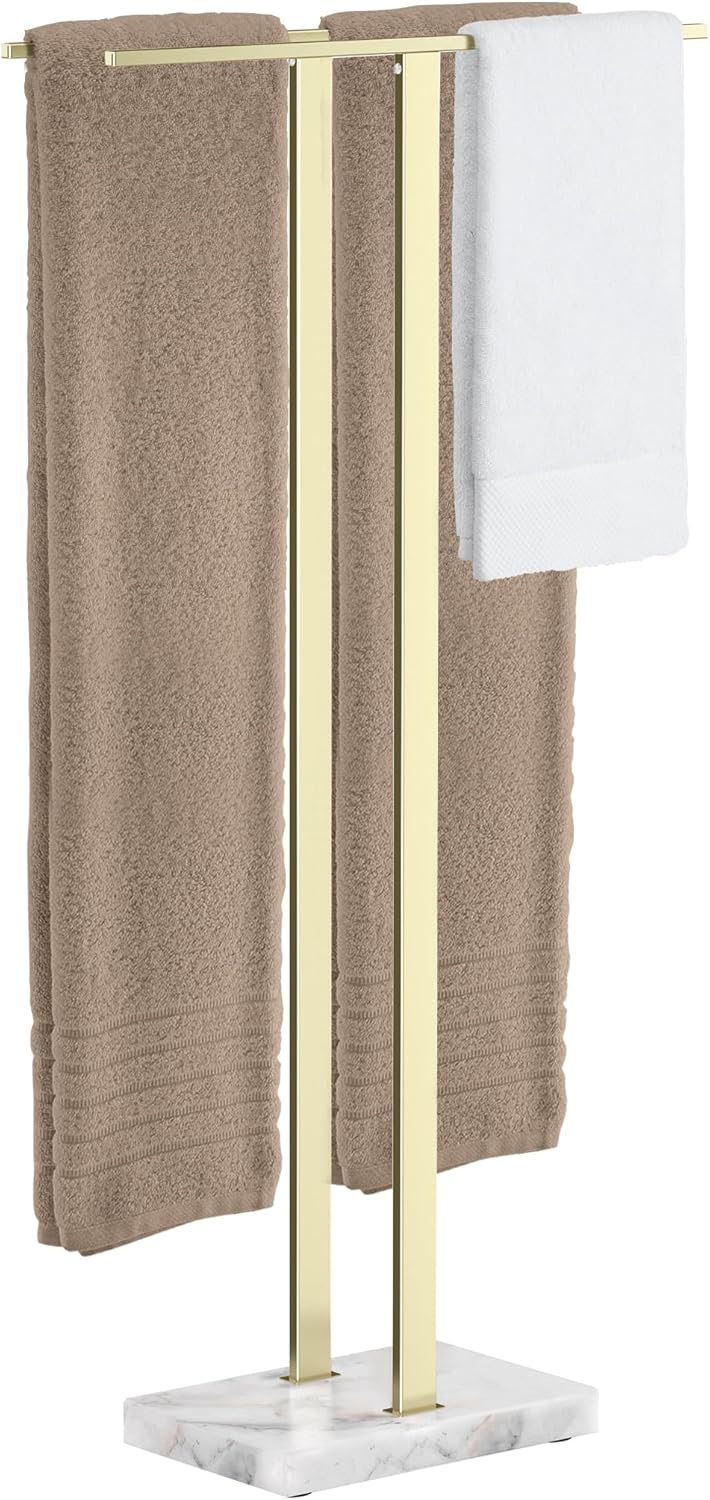KES Standing Towel Rack with Marble Base, 2-Tier Towel Stand for Bathroom Floor, Upgrade Steady Design, T-Shaped Towel Drying Rack Gold, SUS304 Stainless Steel, Brushed Gold Finish, BTH217-BZ