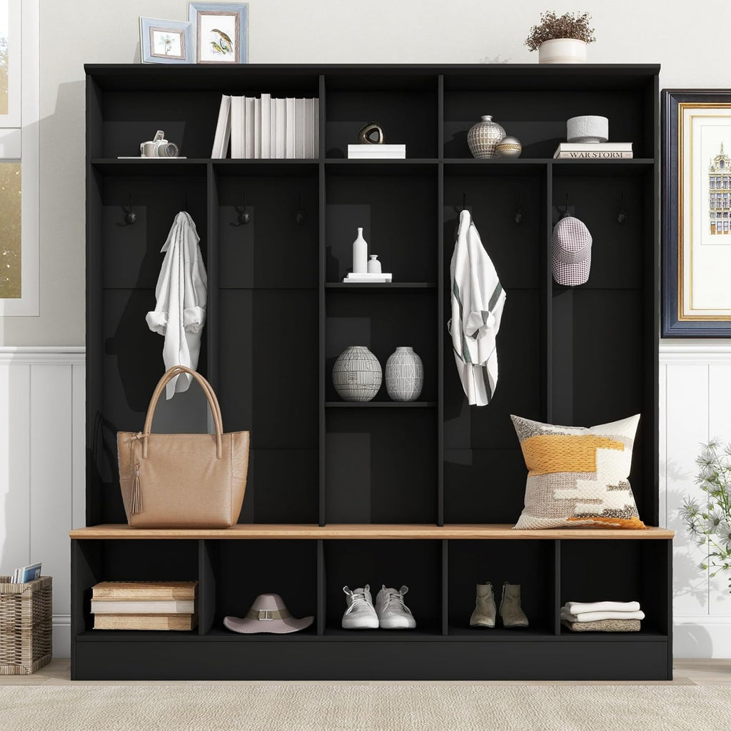 Wide Hall Tree With Shoe Storage Bench, Minimalist Entryway Coat Rack, Cube Storage and Shelves, Multifunctional Mudroom With 8 Hooks for Hallway (Black)