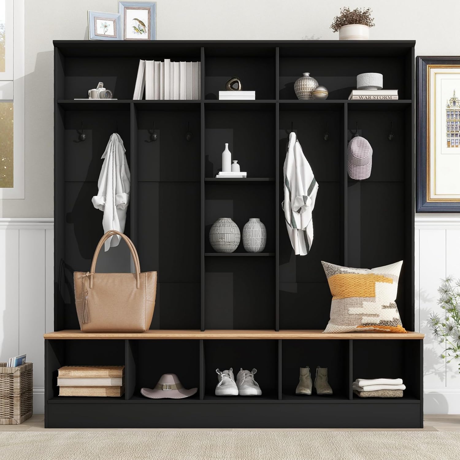 Wide Hall Tree With Shoe Storage Bench, Minimalist Entryway Coat Rack, Cube Storage and Shelves, Multifunctional Mudroom With 8 Hooks for Hallway (Black)