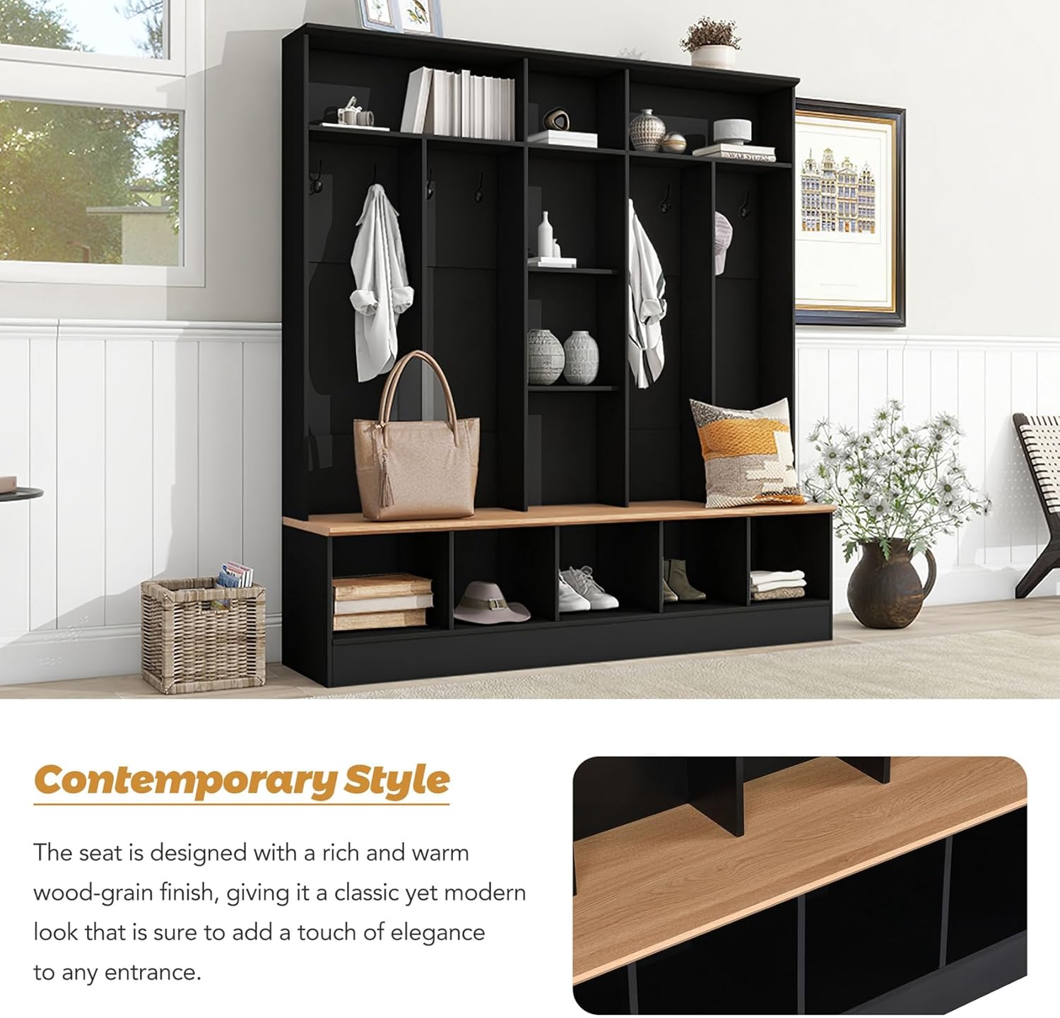 Wide Hall Tree With Shoe Storage Bench, Minimalist Entryway Coat Rack, Cube Storage and Shelves, Multifunctional Mudroom With 8 Hooks for Hallway (Black)