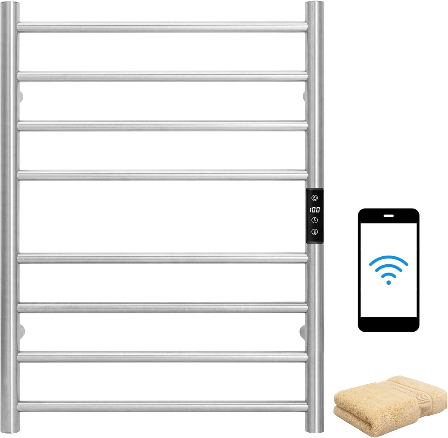 KEG Towel Warmer 8 Bars for Bathroom Freestanding or Wall Mounted Bath Towel Heater Plug-in with Built-in Timer Silver