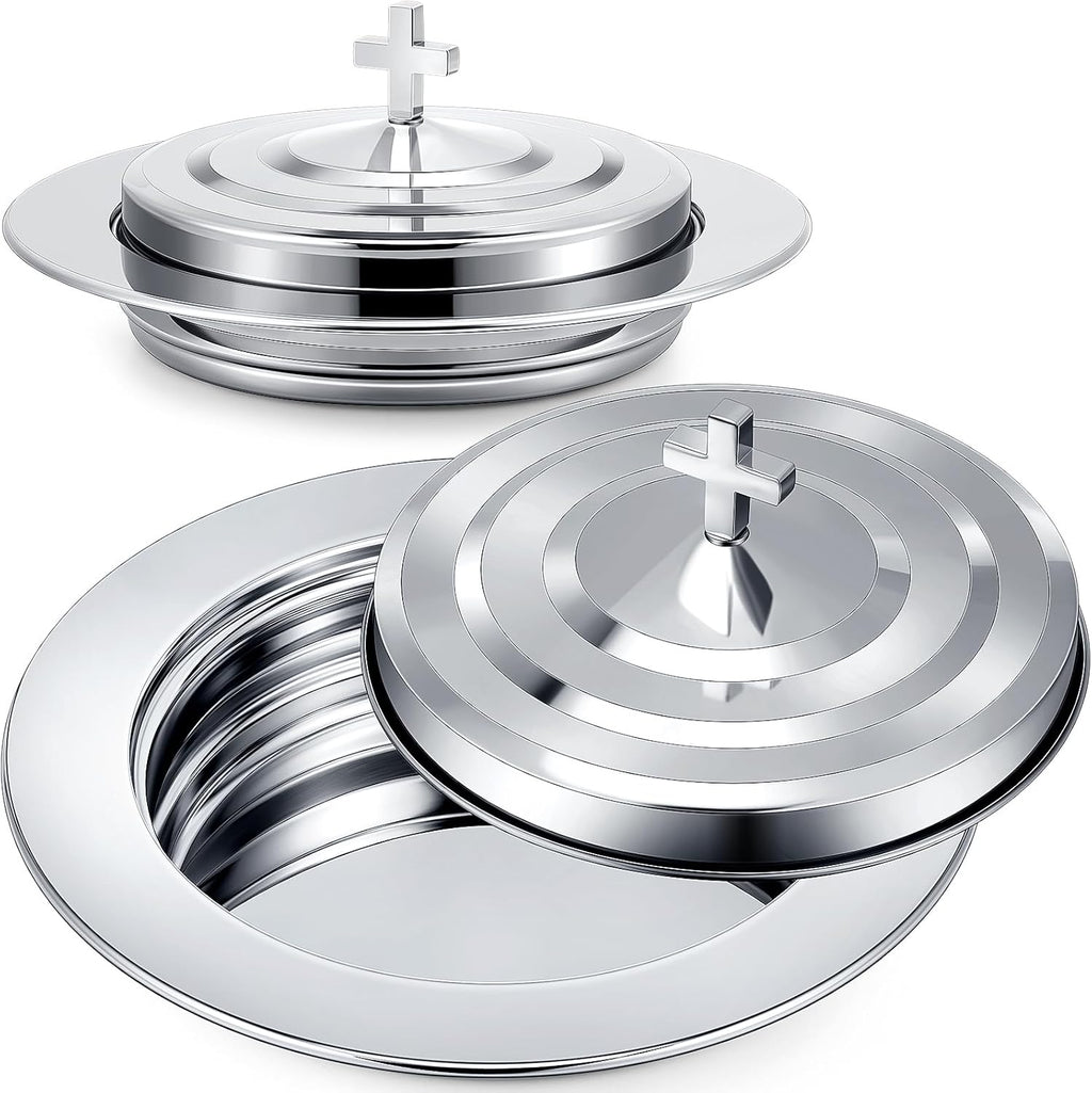 Zhehao 2 Plates Silver Communion Set, Holy Trays with Lid, Stainless Steel Bread Tray Plates for Churches, Holy Communion Tray with Cover, Polished Church Supplies Ware Sets