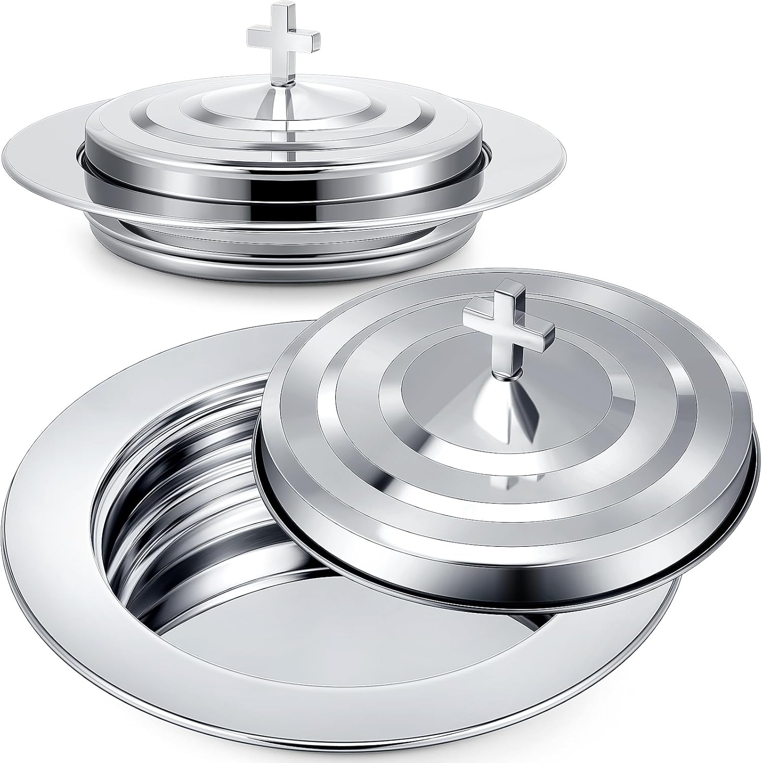 Zhehao 2 Plates Silver Communion Set, Holy Trays with Lid, Stainless Steel Bread Tray Plates for Churches, Holy Communion Tray with Cover, Polished Church Supplies Ware Sets