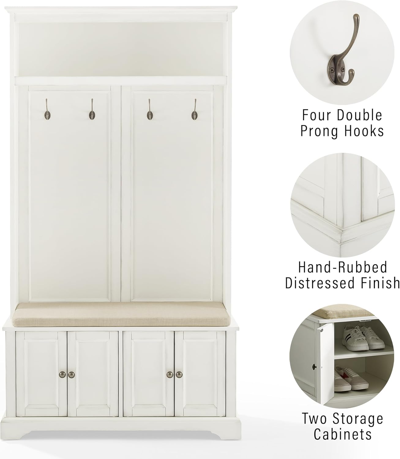 Crosley Furniture Holbrook Hall Tree with Shoe Rack Bench and Coat Hooks for Hanging Storage, Distressed White