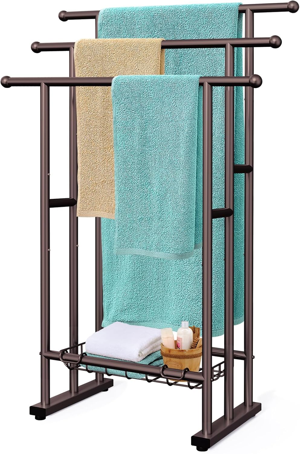 40" Tall Freestanding Towel Racks for Bathroom, 3 Tier Floor Towel Rack with Storage Basket, Blanket Ladder Drying and Display Rack for Large Bath & Hand Towel Outdoor Poolside (Silver)