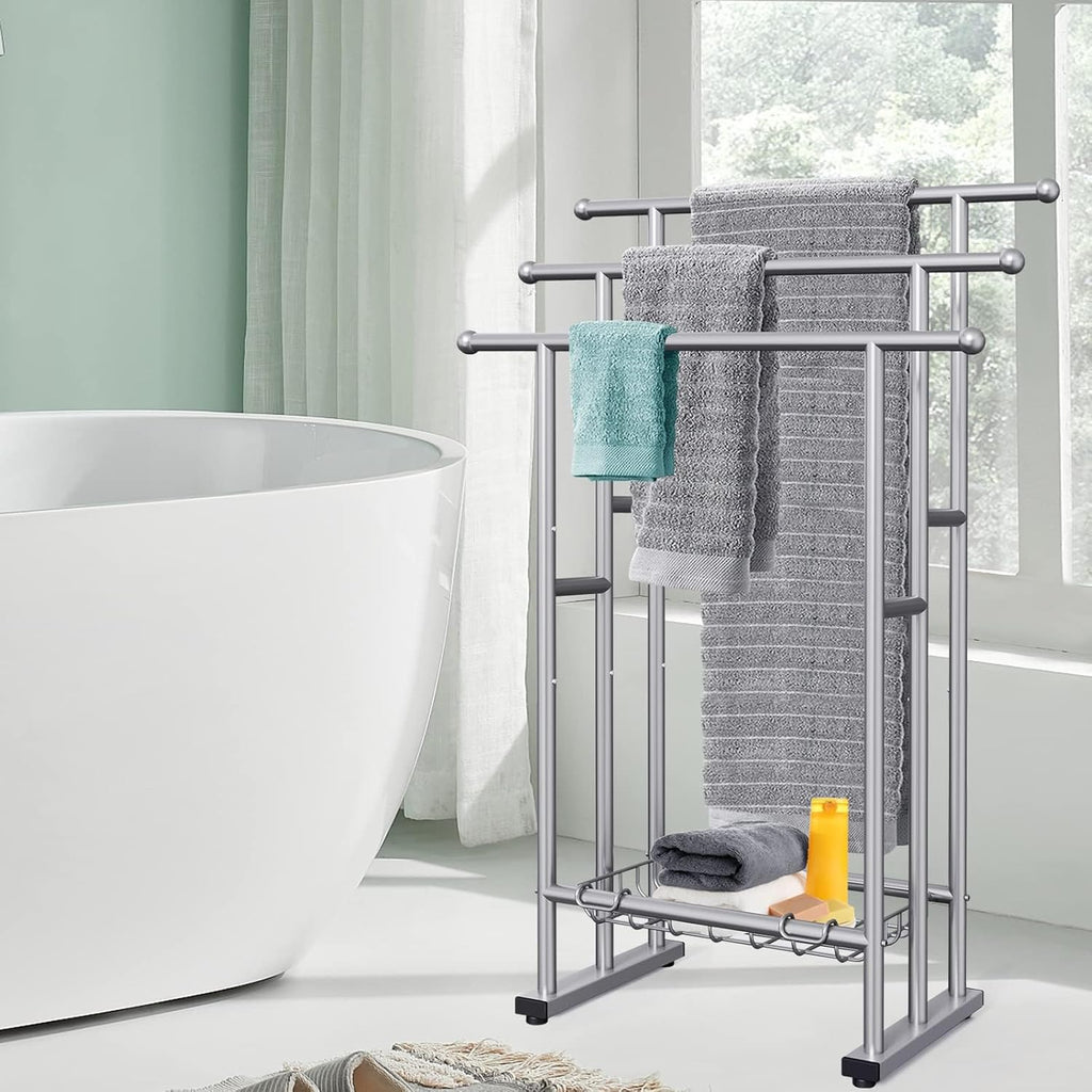 40" Tall Freestanding Towel Racks for Bathroom, 3 Tier Floor Towel Rack with Storage Basket, Blanket Ladder Drying and Display Rack for Large Bath & Hand Towel Outdoor Poolside (Silver)