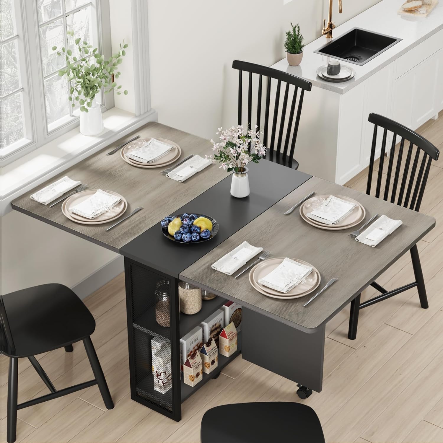 GarveeHome Folding Dining Table, Space Saving Farmhouse Dining Table for 4 Storage Shelf, 6 Wheels Multipose Expandable Kitchen Drop Leaf Table for Small Space (Pear Wood, 50.1"D x 31.4"W x 29.5"H)