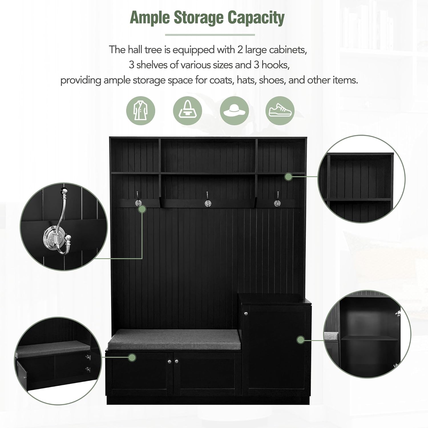 Ball & Cast Entryway Hall Tree with Shoe Storage and Bench,Modern Coat Rack w/Bench and Cushion,3 Shevlves,3 Hooks,Functional Hallway Shoe Cabine for Entrance,Hallway, Bedroom,Black