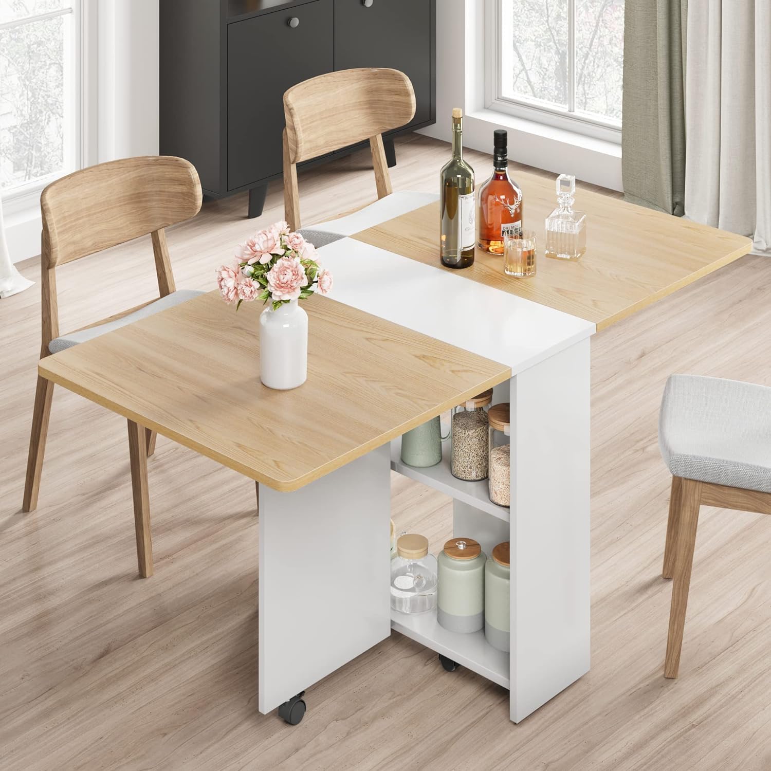 Space Saving Folding Dining Table with 2 Tier Storage-Extendable Drop Leaf Farmhouse Kitchen Dining Room Tables Set for 4, Collapsible Expandable Rectangle (Carlo Grey, 47.2"D x 23.6"W x 29.5"H)