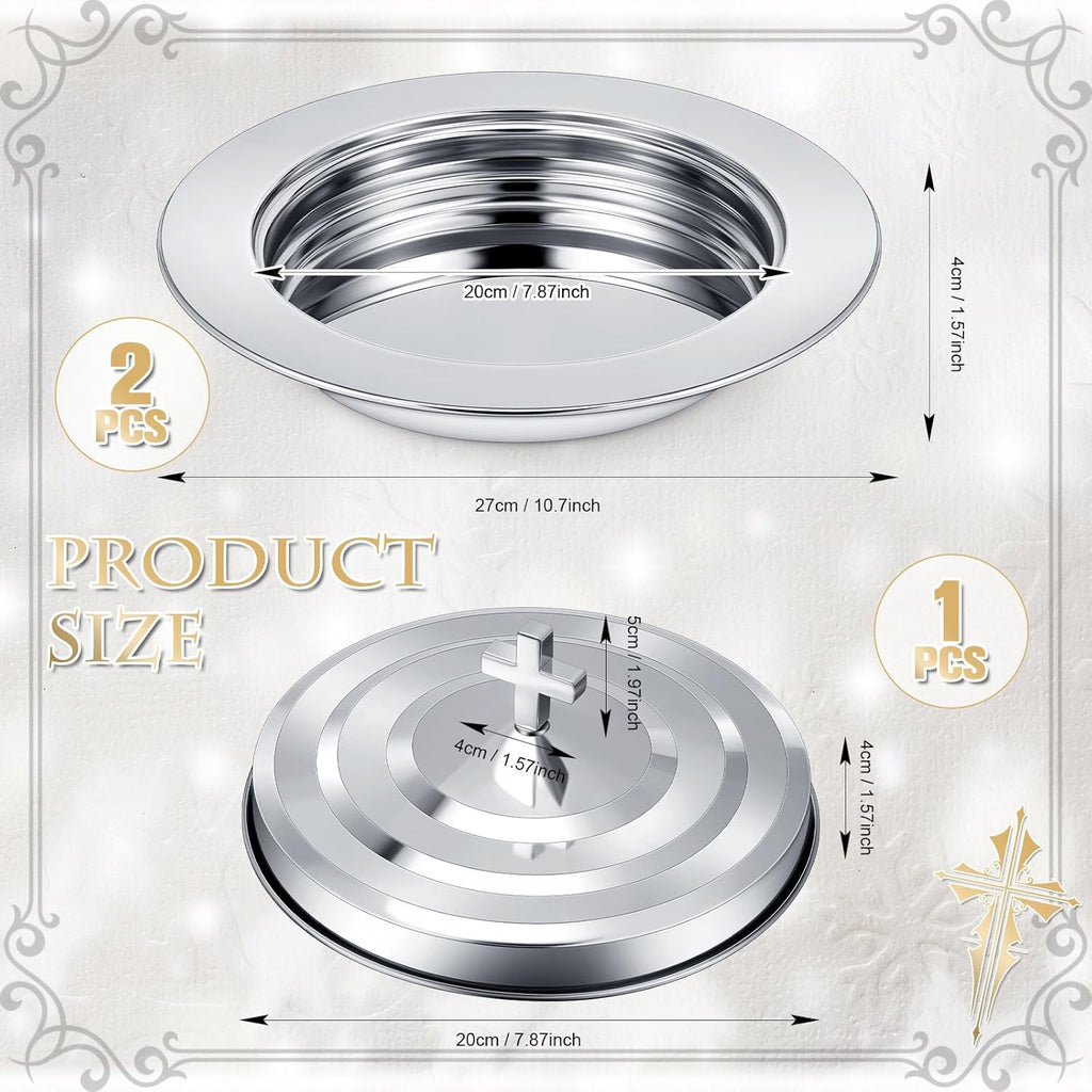 Zhehao 2 Plates Silver Communion Set, Holy Trays with Lid, Stainless Steel Bread Tray Plates for Churches, Holy Communion Tray with Cover, Polished Church Supplies Ware Sets