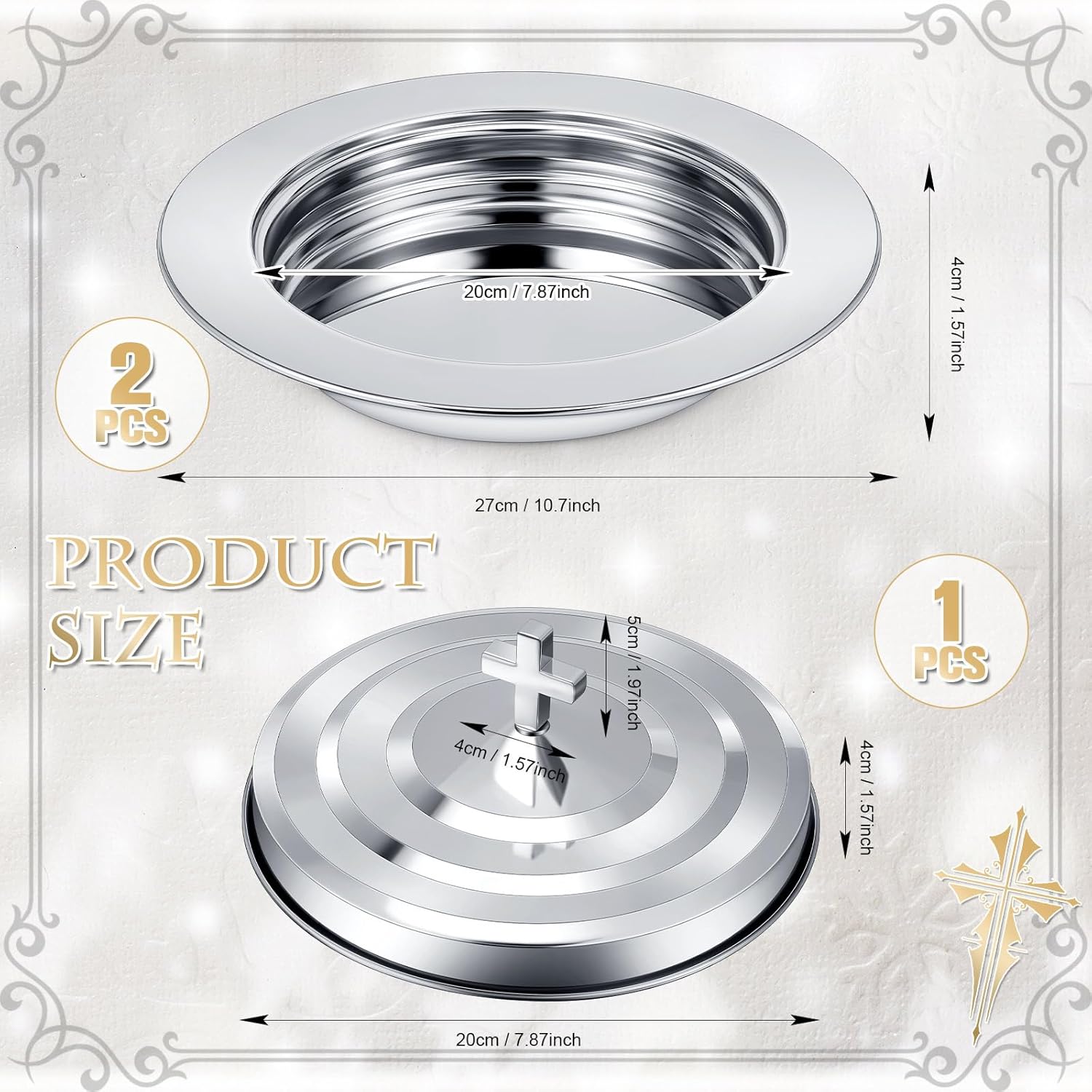 Zhehao 2 Plates Silver Communion Set, Holy Trays with Lid, Stainless Steel Bread Tray Plates for Churches, Holy Communion Tray with Cover, Polished Church Supplies Ware Sets