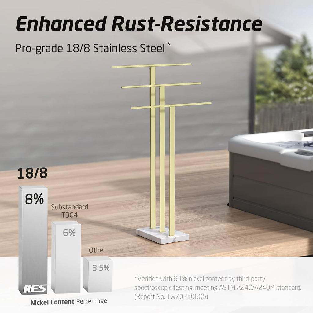 KES Standing Towel Rack 3-Tier with Marble Base, Brushed Gold Towel Rack Stand for Bathroom Floor, Fits Large Bath Towel & Hand Towel, 18/8 Stainless Steel, BTH217S3-BZ