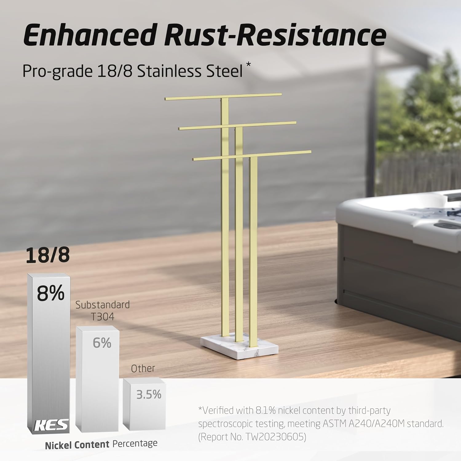 KES Standing Towel Rack 3-Tier with Marble Base, Brushed Gold Towel Rack Stand for Bathroom Floor, Fits Large Bath Towel & Hand Towel, 18/8 Stainless Steel, BTH217S3-BZ