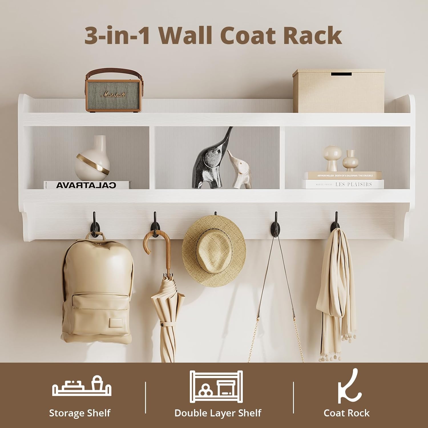 VOWNER Coat Rack Set, Shoe Bench Set with 9 Open Storage Cubbies, 4 Storage Cubbies with Doors, 6 Shoe Cubbies & 5 Coat Hooks, Hall Tree Entryway Bench, White