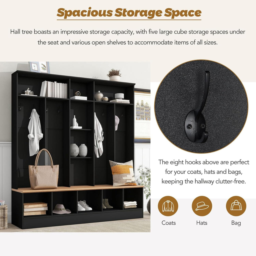 Wide Hall Tree With Shoe Storage Bench, Minimalist Entryway Coat Rack, Cube Storage and Shelves, Multifunctional Mudroom With 8 Hooks for Hallway (Black)