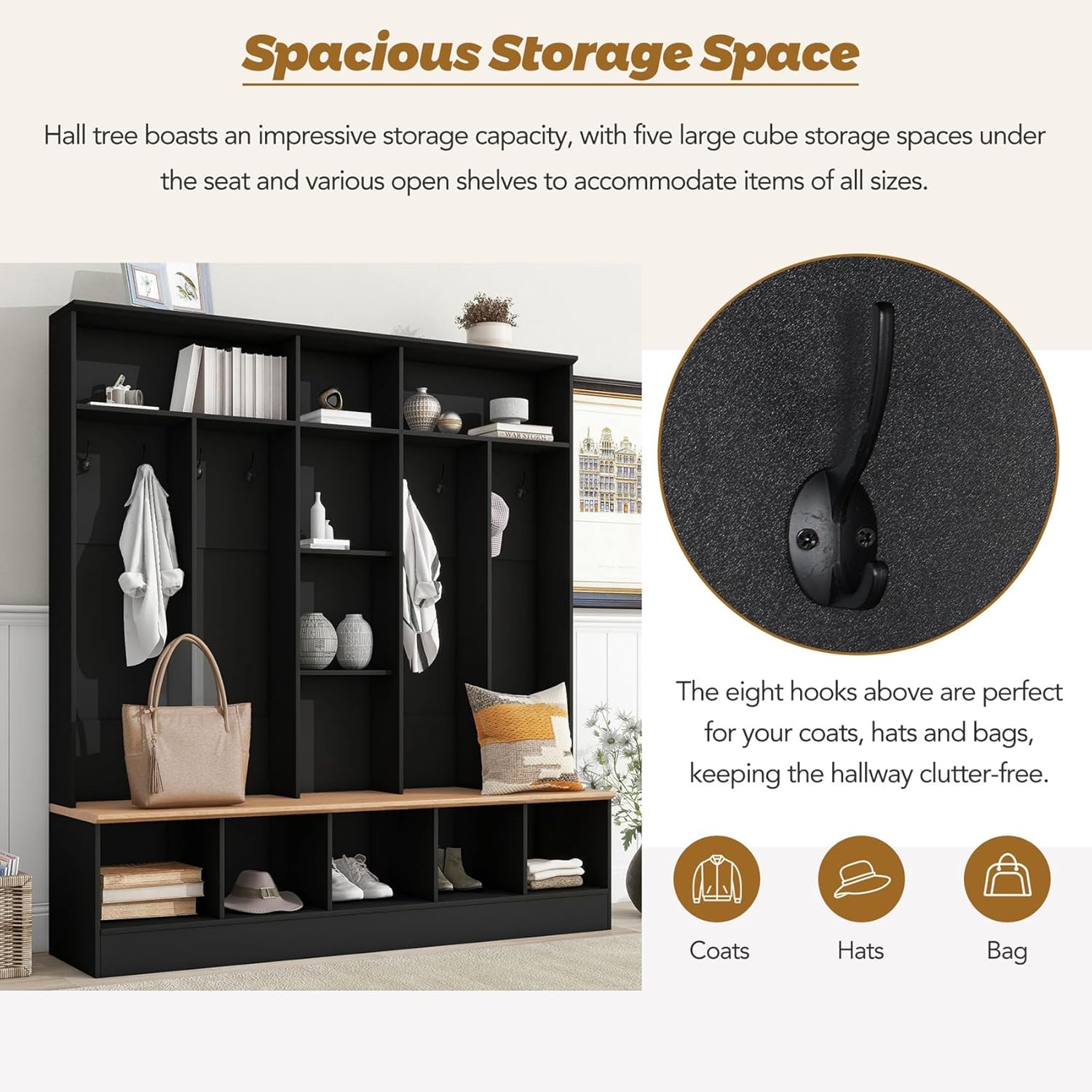 Wide Hall Tree With Shoe Storage Bench, Minimalist Entryway Coat Rack, Cube Storage and Shelves, Multifunctional Mudroom With 8 Hooks for Hallway (Black)