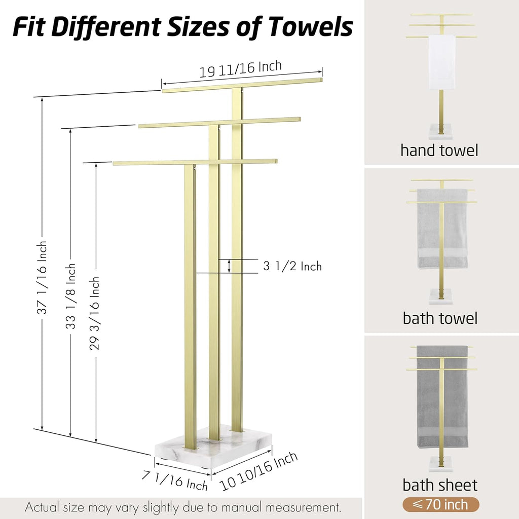 KES Standing Towel Rack 3-Tier with Marble Base, Brushed Gold Towel Rack Stand for Bathroom Floor, Fits Large Bath Towel & Hand Towel, 18/8 Stainless Steel, BTH217S3-BZ