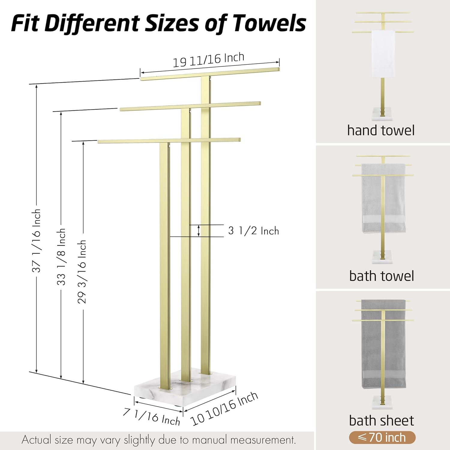 KES Standing Towel Rack 3-Tier with Marble Base, Brushed Gold Towel Rack Stand for Bathroom Floor, Fits Large Bath Towel & Hand Towel, 18/8 Stainless Steel, BTH217S3-BZ