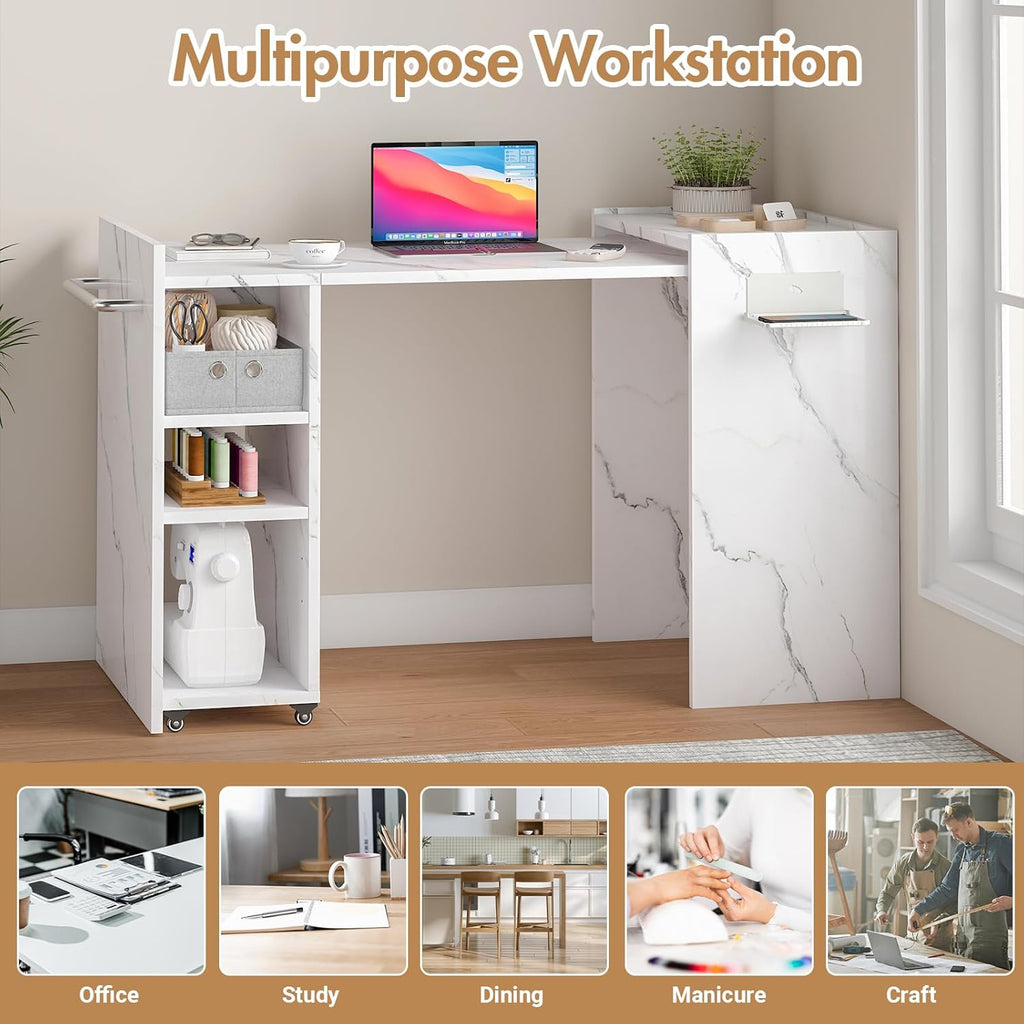 smilesun Folding Dining Table, Wall Mount Foldable Kitchen Table w/Fabric Drawer & Adjustable Storage Shelf, Space Saving Compact Expandable Pull Out Table for Small Spaces, White