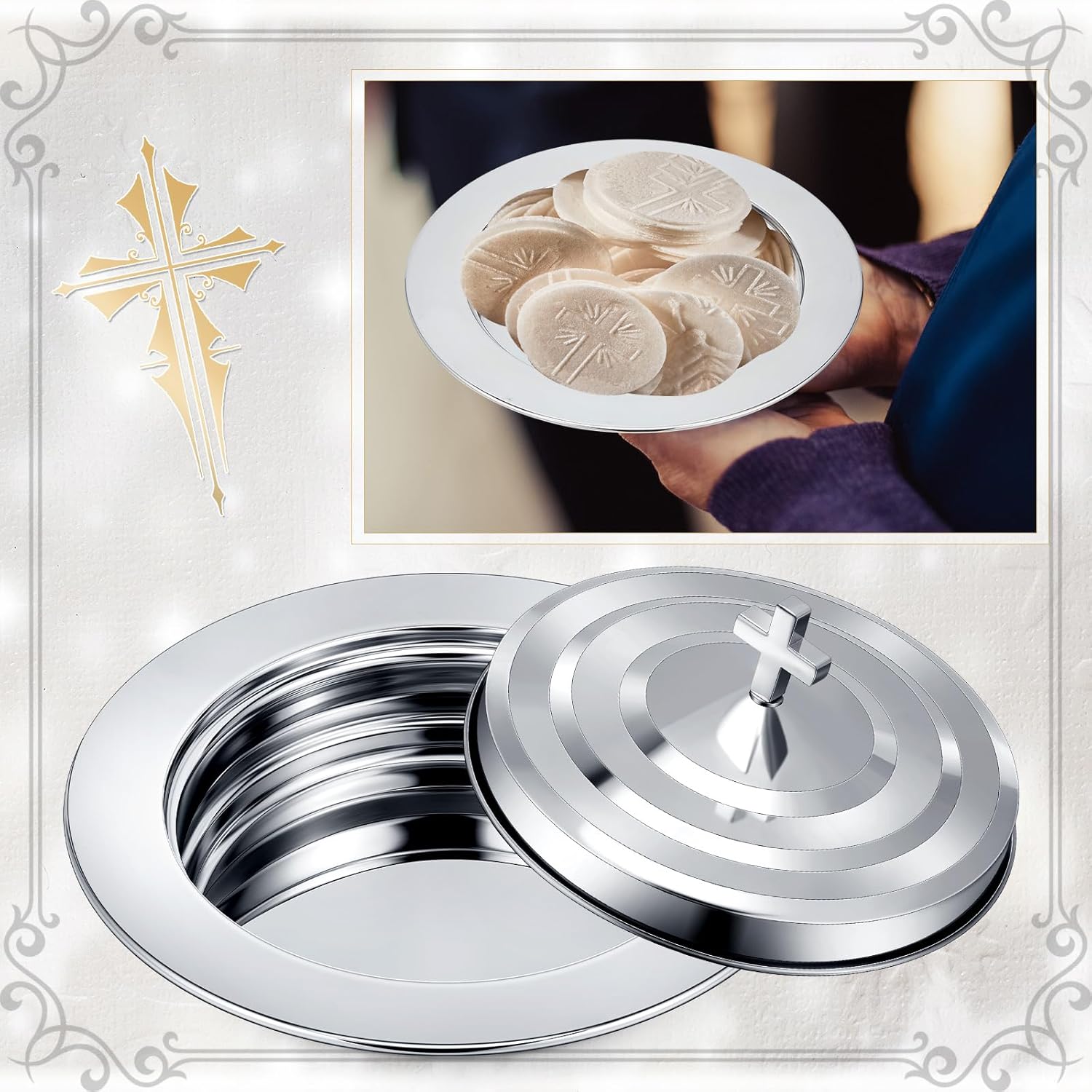 Zhehao 2 Plates Silver Communion Set, Holy Trays with Lid, Stainless Steel Bread Tray Plates for Churches, Holy Communion Tray with Cover, Polished Church Supplies Ware Sets