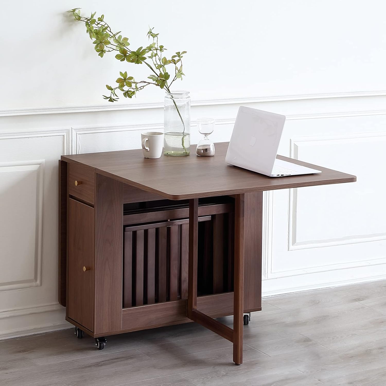 Extendable Drop Leaf Foldable Dining Table with 2 Drawers and 4 Wheels for Living Room Kitchen Farmhouse Space Saving Table in Walnut