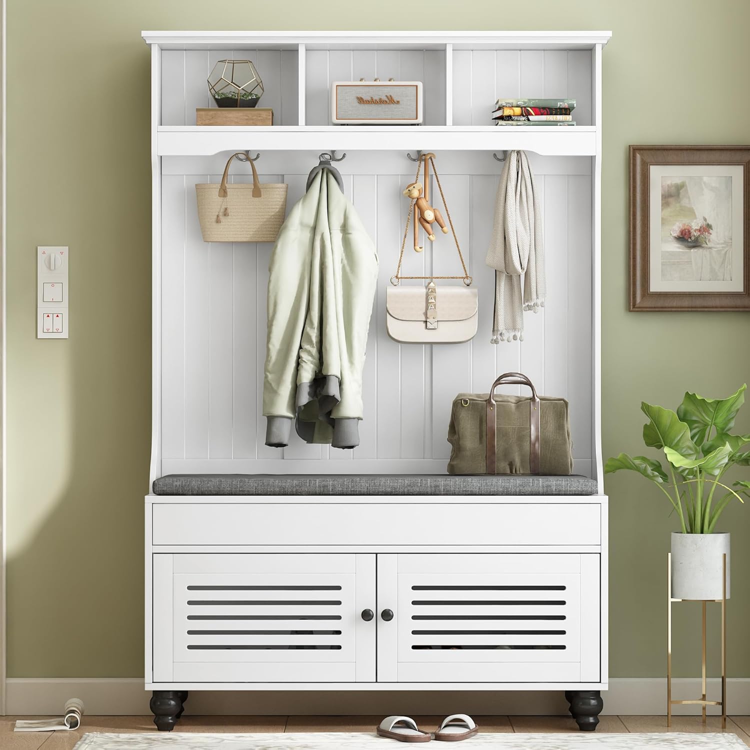 Ball & Cast Entryway Hall Tree with Shoe Storage and Bench,Modern Coat Rack w/Bench and Cushion,3 Shevlves,3 Hooks,Functional Hallway Shoe Cabine for Entrance,Hallway, Bedroom,Black
