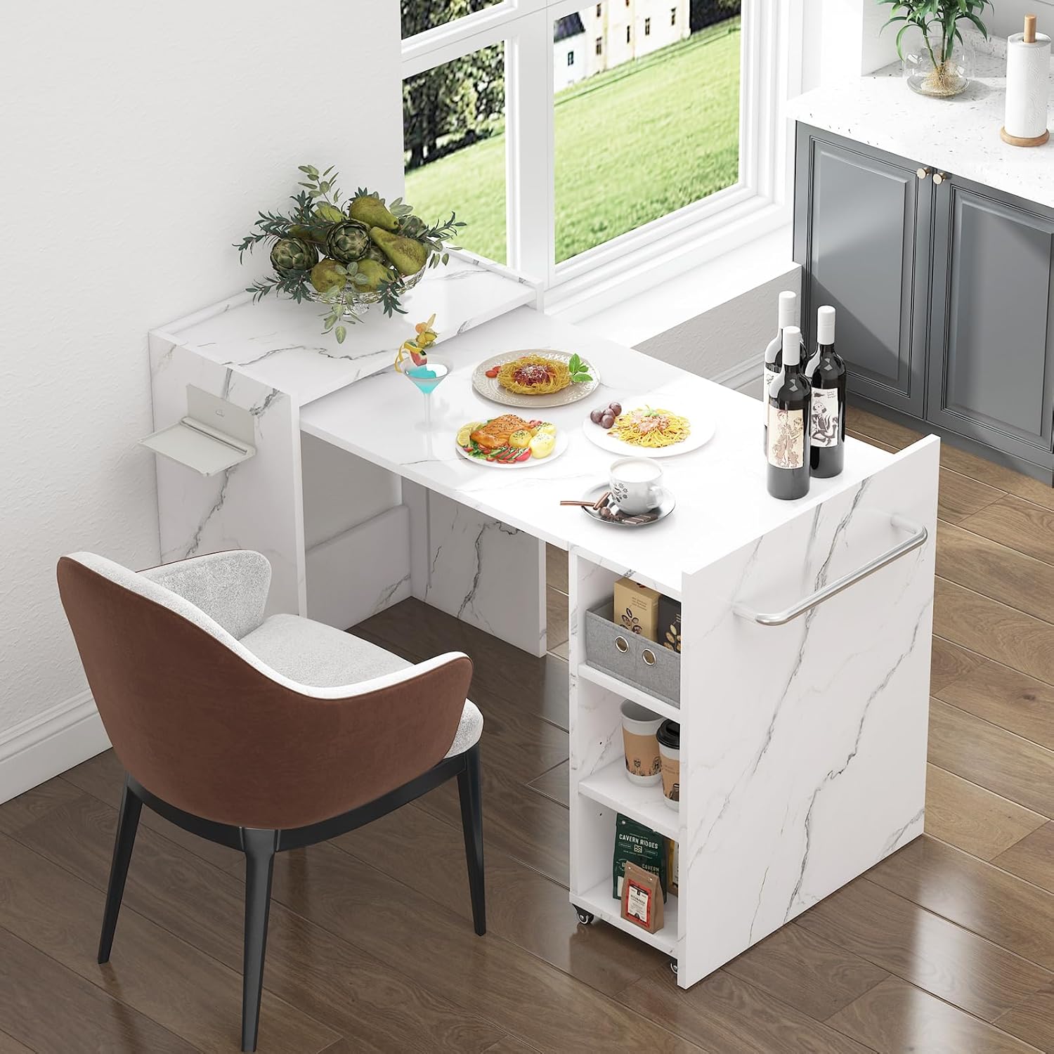 smilesun Folding Dining Table, Wall Mount Foldable Kitchen Table w/Fabric Drawer & Adjustable Storage Shelf, Space Saving Compact Expandable Pull Out Table for Small Spaces, White