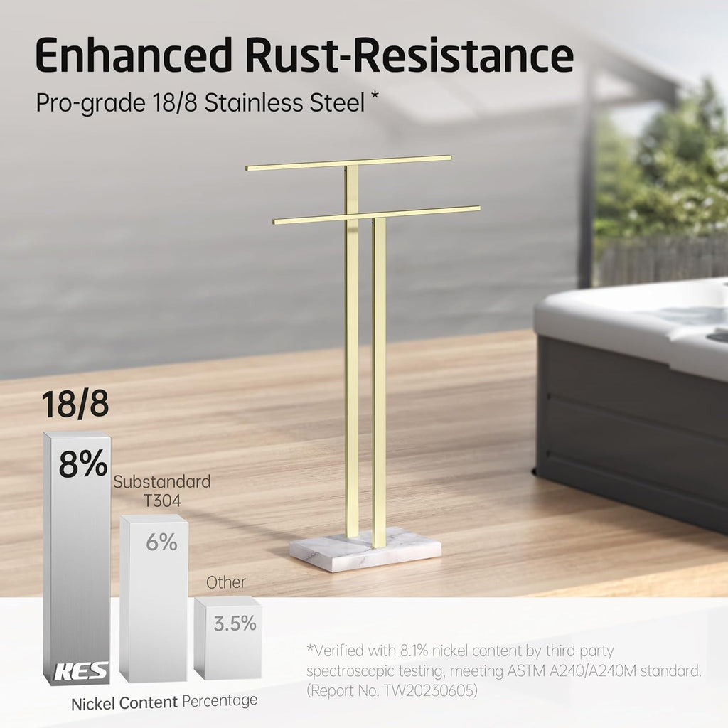 KES Standing Towel Rack with Marble Base, 2-Tier Towel Stand for Bathroom Floor, Upgrade Steady Design, T-Shaped Towel Drying Rack Gold, SUS304 Stainless Steel, Brushed Gold Finish, BTH217-BZ